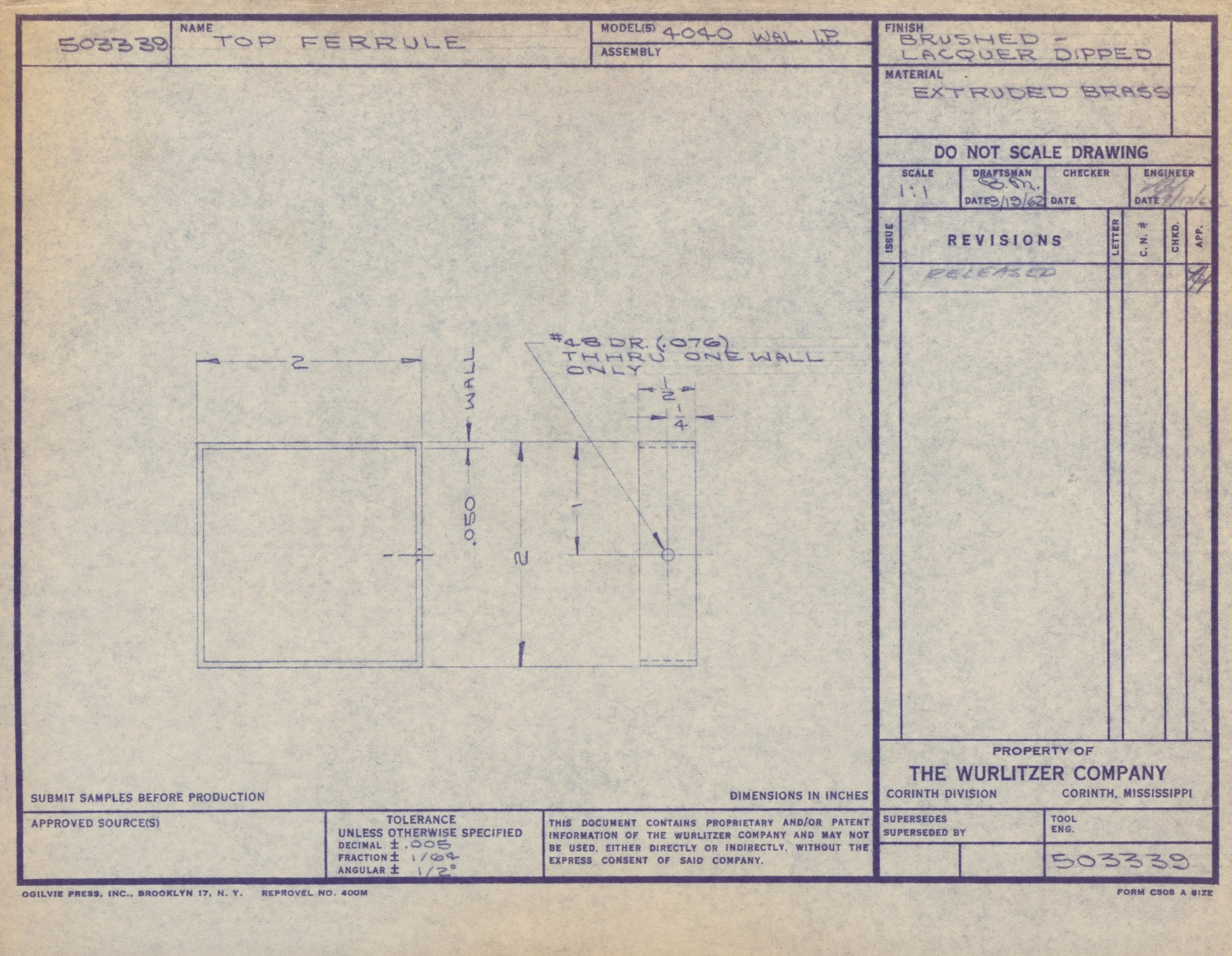A technical blueprint or engineering drawing of a metal top ferrule, labeled with specifications and measurements, produced by The Wurlitzer Company in Corinth, Mississippi.
