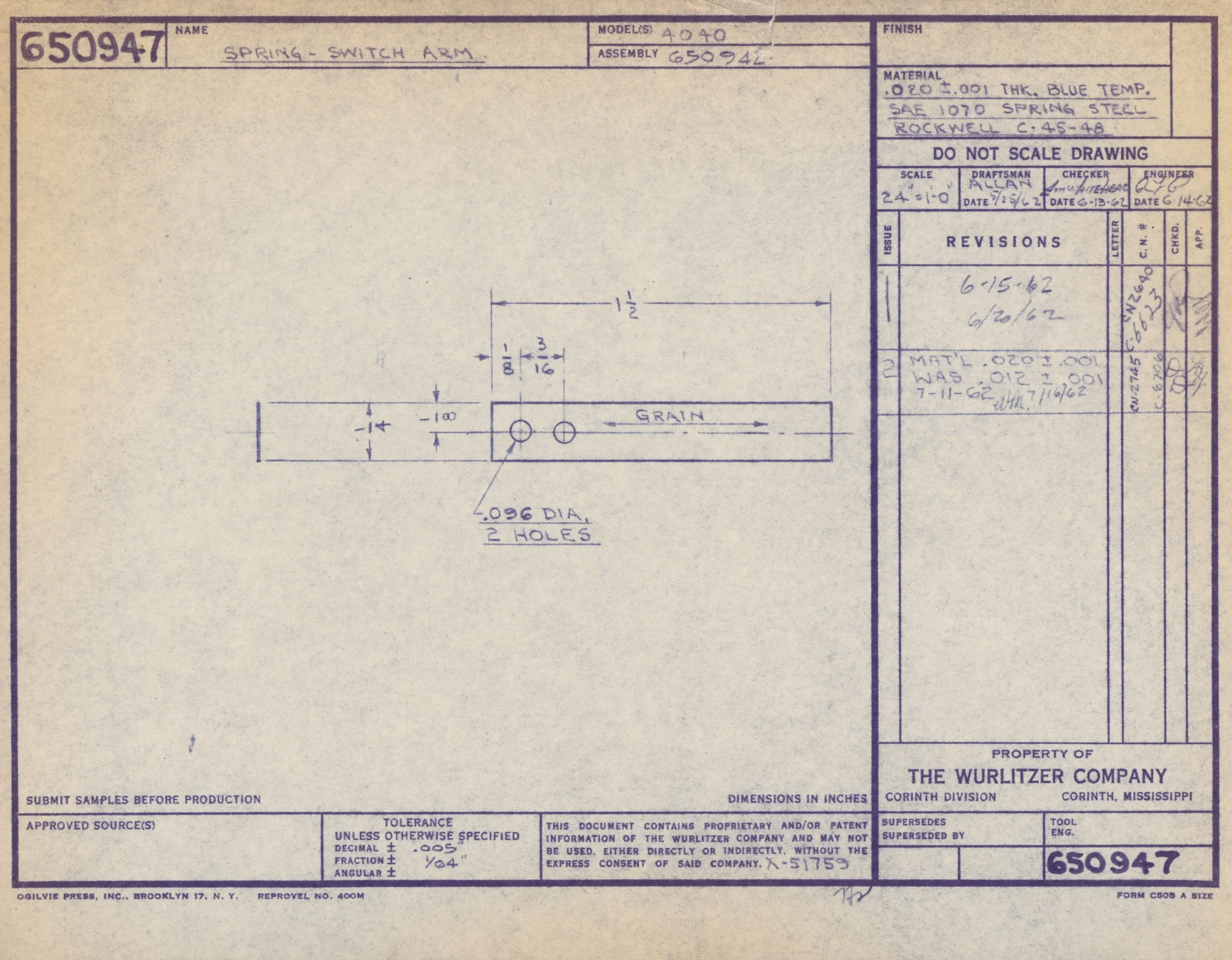 Technical drawing of a spring switch arm, including detailed measurements, material specifications, and revision notes, produced by the Wurlitzer Company.
