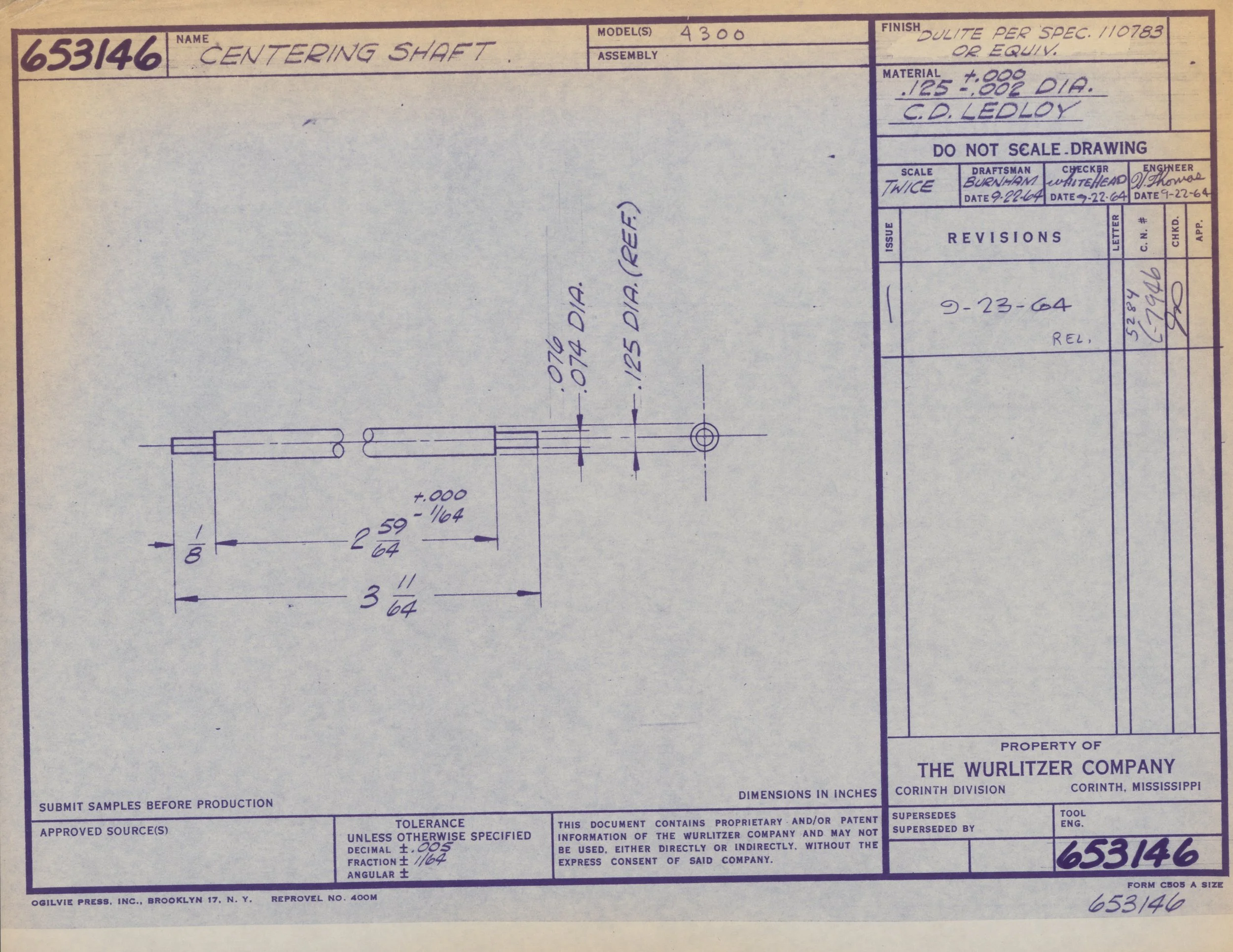 Blueprint drawing of a centering shaft with various measurements and annotations, including model number 4300, material specifications, and company details from The Wurlitzer Company in Corinth, Mississippi.