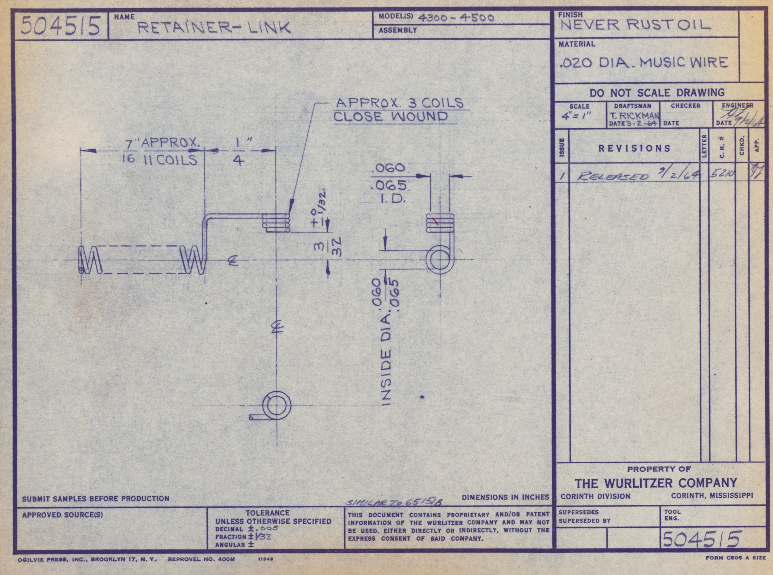 Technical engineering blueprint of a coil retainer-link, featuring dimensions, notes, and specifications for manufacturing.