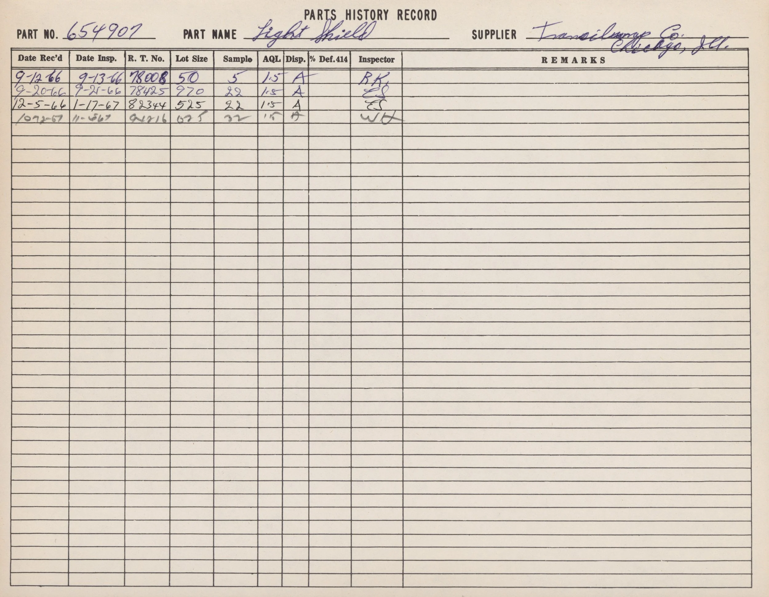 Document titled 'Parts History Record' listing the details of a part called 'Light Shield' with handwritten entries including part number 654907, supplier Francisburg Co., Chicago, Illinois, along with dates, inspection, and remarks.
