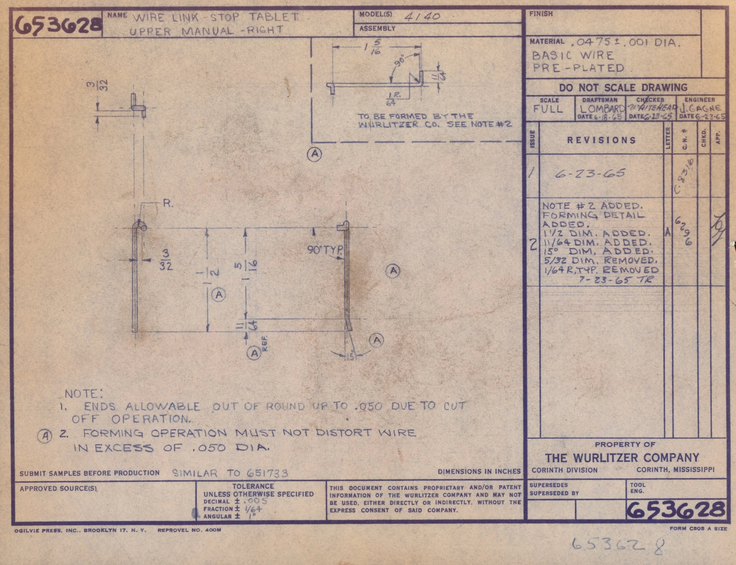 Technical blueprint or engineering drawing titled 'Wire Link - Stop Tablet Upper Manual - Right' with detailed measurements, notes, and annotations related to wire forming specifications, including dimensions, material, and revision details.