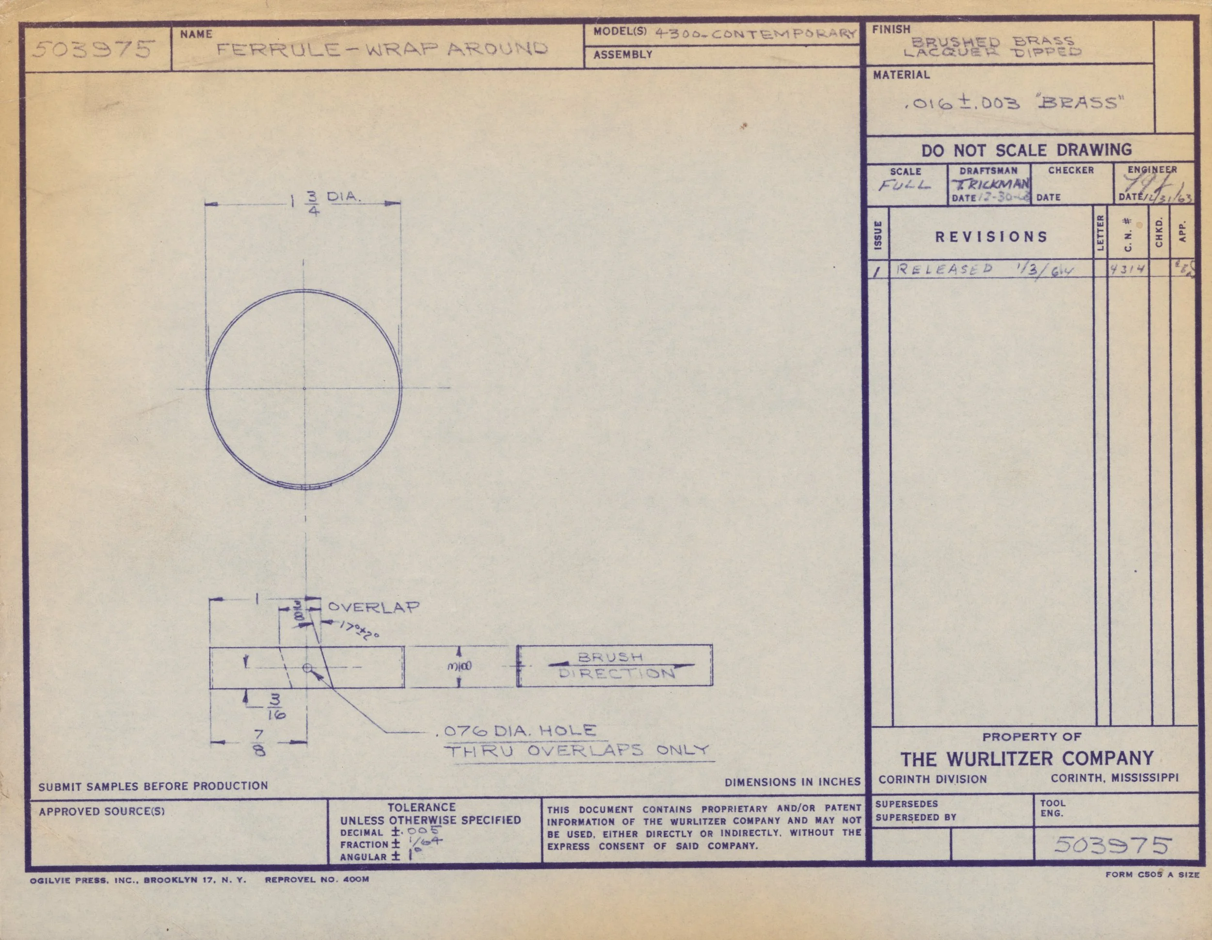 Technical drawing of a circular ferrule with detailed measurements and annotations, including diameter and overlap specifications, created by The Wurlitzer Company.