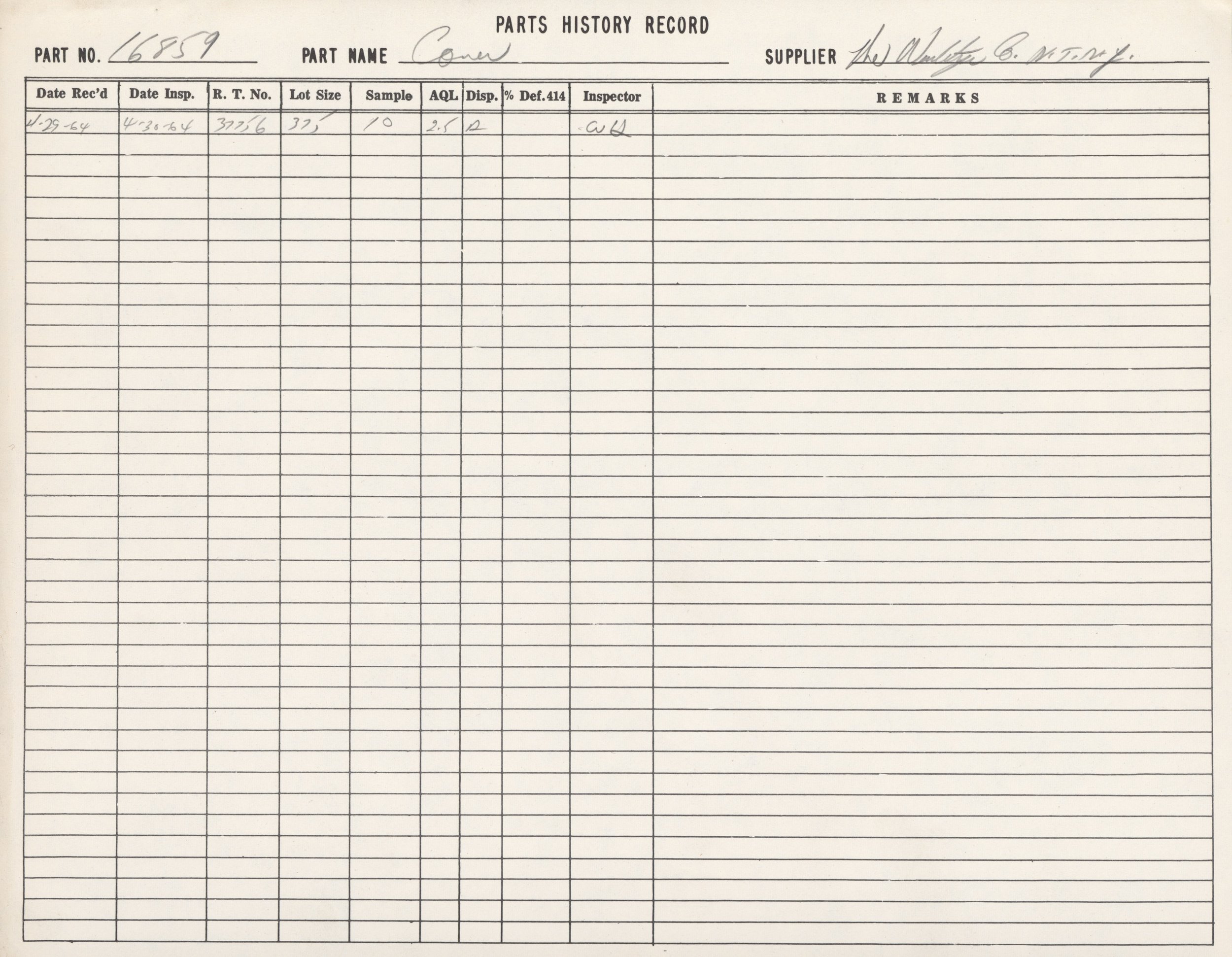A historical record sheet for a part named 'Cover' with handwritten details including part number 16559, supplier 'The W Player Co. W. T. N. J.', date received 1-29-64, and inspector initials 'CL'. The sheet has columns for inspection details, remark
