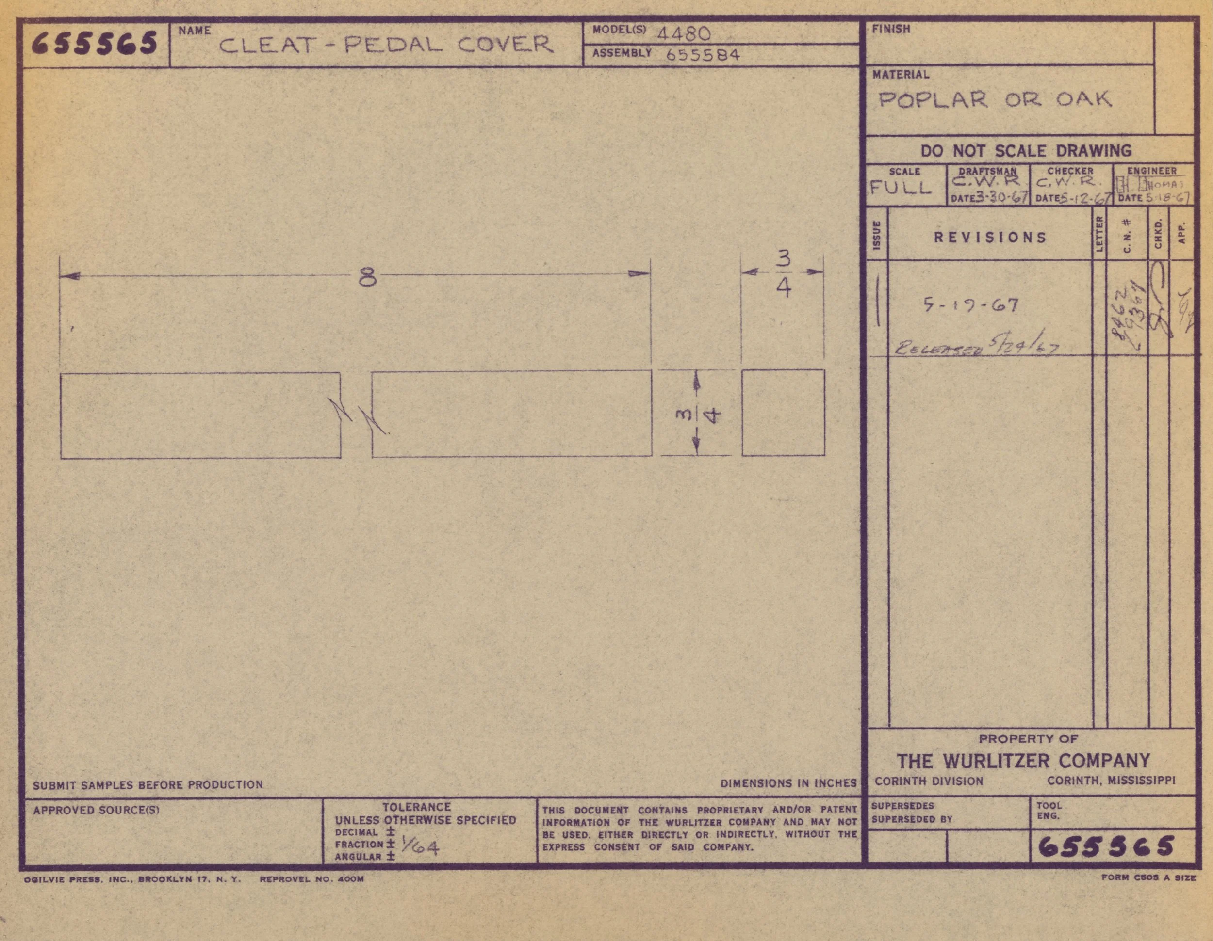 Technical drawing of a cleat pedal cover made of poplar or oak wood, with measurements and annotations, from The Wurlitzer Company, Corinth, Mississippi, dated May 19, 1967.