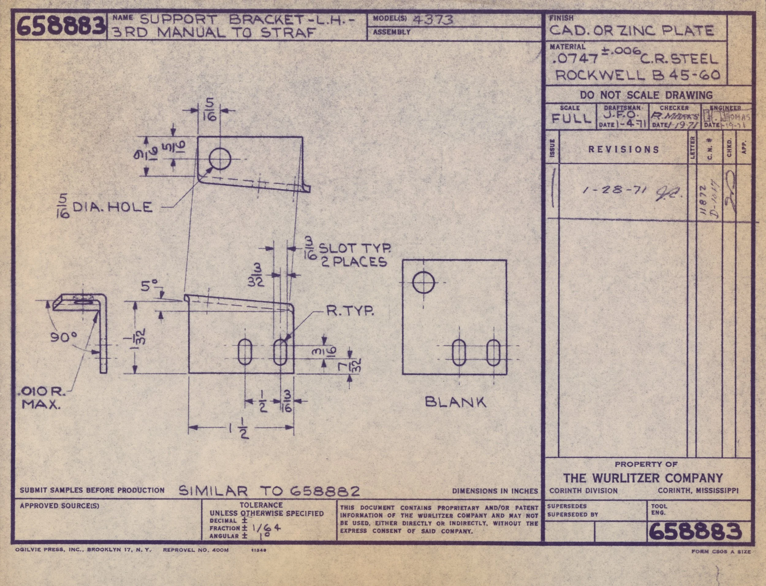 Technical engineering drawing of a support bracket with detailed measurements, hole sizes, and material specifications, labeled with project details and approval stamps.