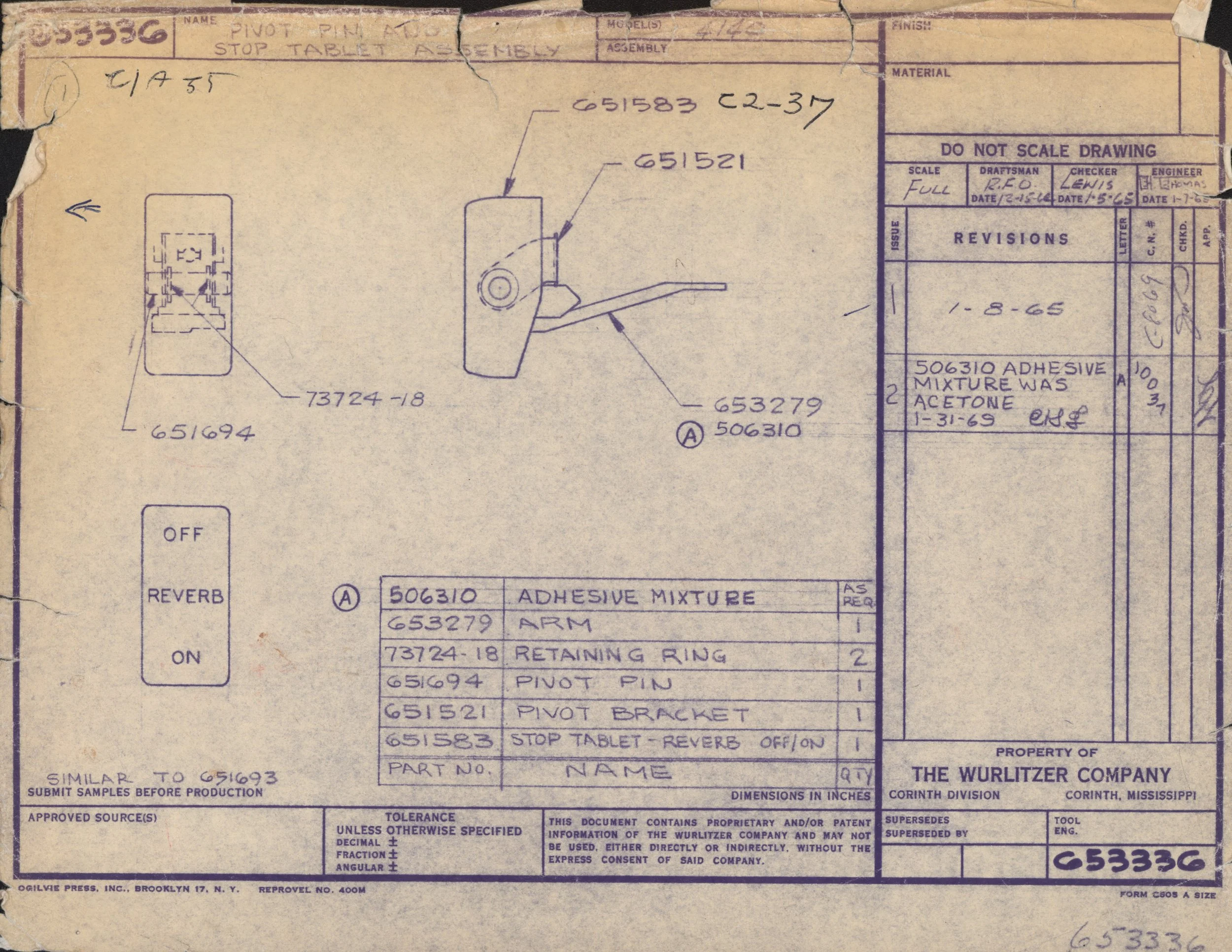 Technical blueprint of a stop tablet assembly with handwritten notes, part numbers, and manufacturing details from The Wurlitzer Company.