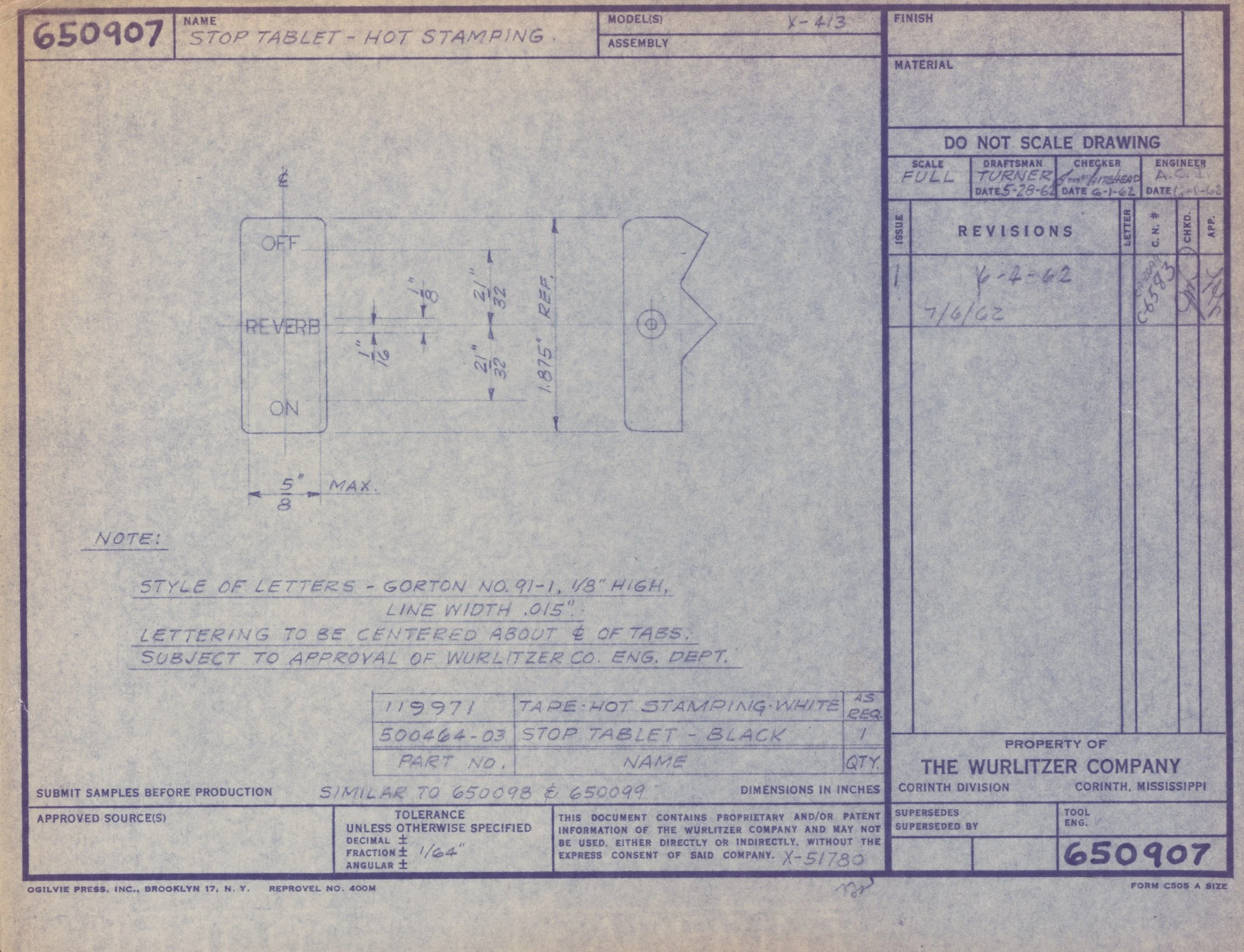 Technical blueprint for a switch labeled 'STOP TABLET - HOT STAMPING', showing dimensions, labels, and specifications for manufacturing.