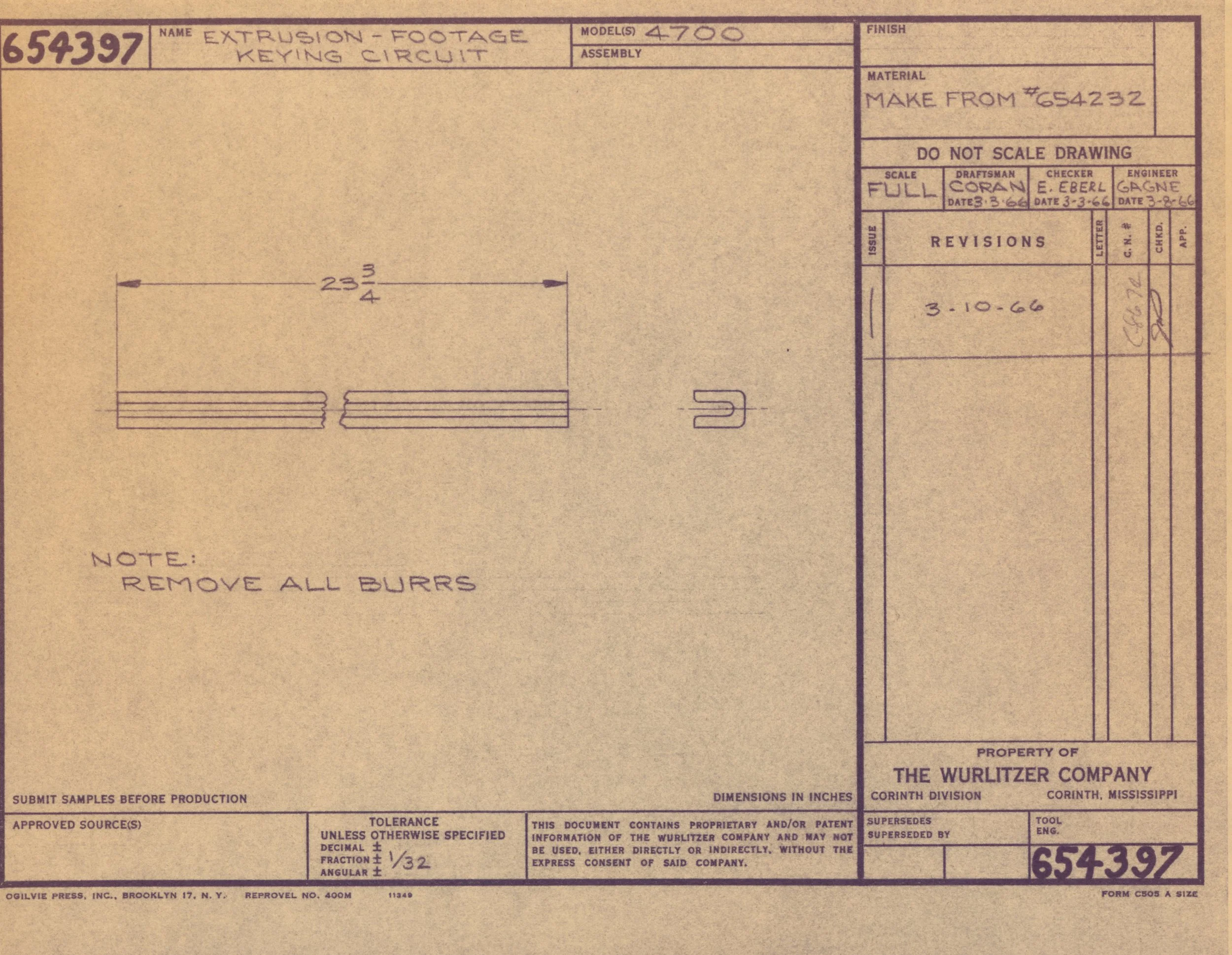 Close-up of engineering drawing blueprint for extrusions and footages, including measurements, notes, and signatures, created by The Wurlitzer Company, Corinth Division, Mississippi.