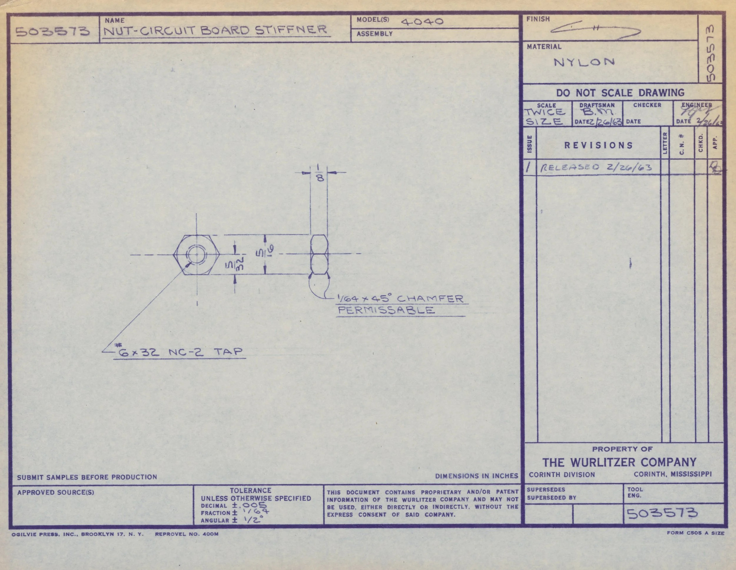 Technical drawing of a nut-circuit board stiffener, showing dimensions and specifications, created by The Wurlitzer Company.