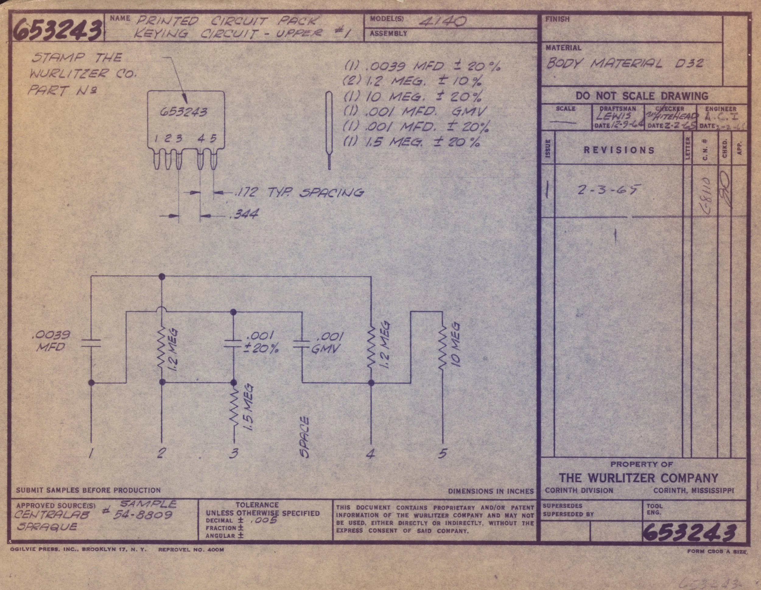 Technical schematic diagram for printed circuit pack, upper keying circuit, including component details and specifications, with labels, measurements, and approval stamps.