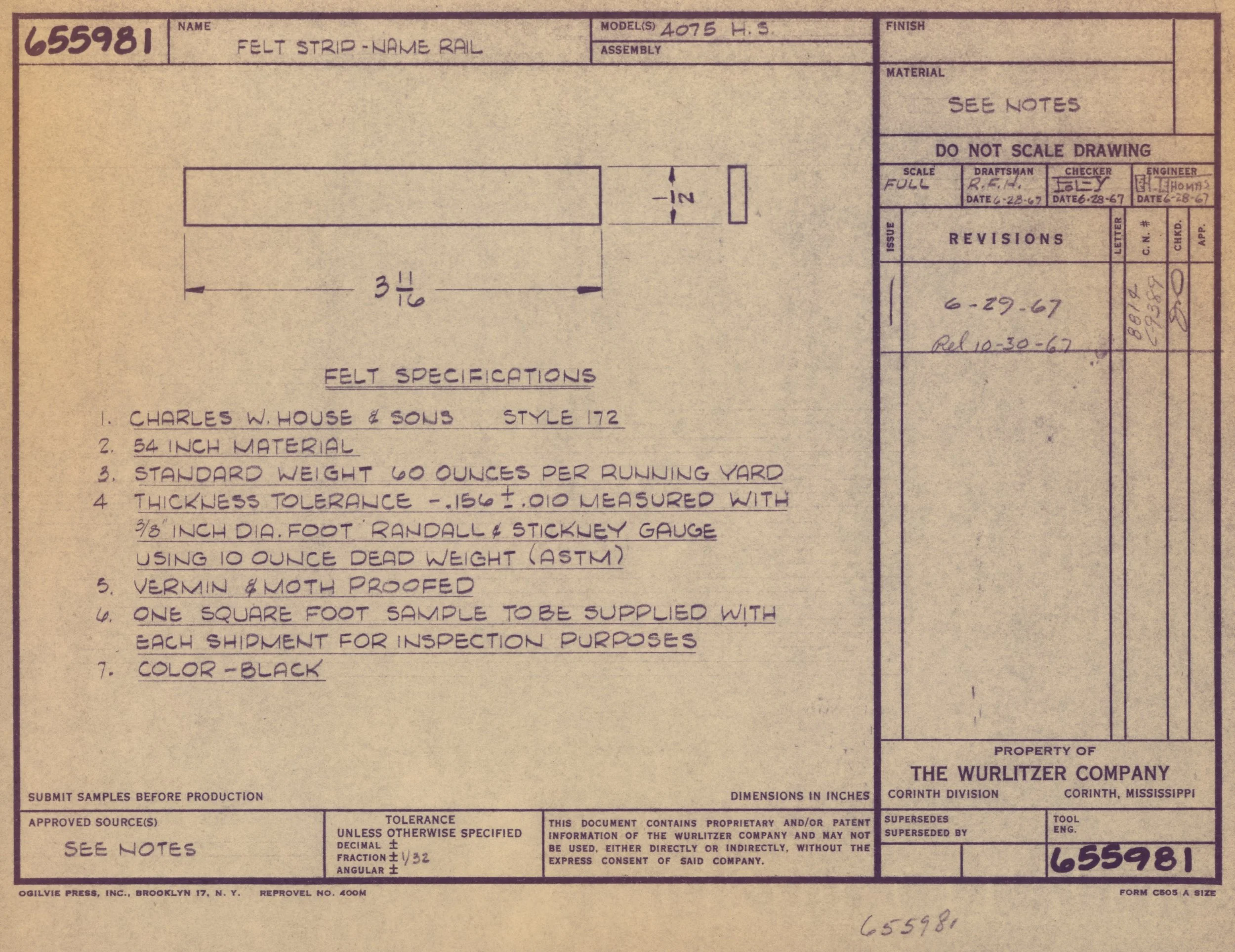 Technical engineering drawing for felt strip with measurements and specifications, created by The Wurlitzer Company.