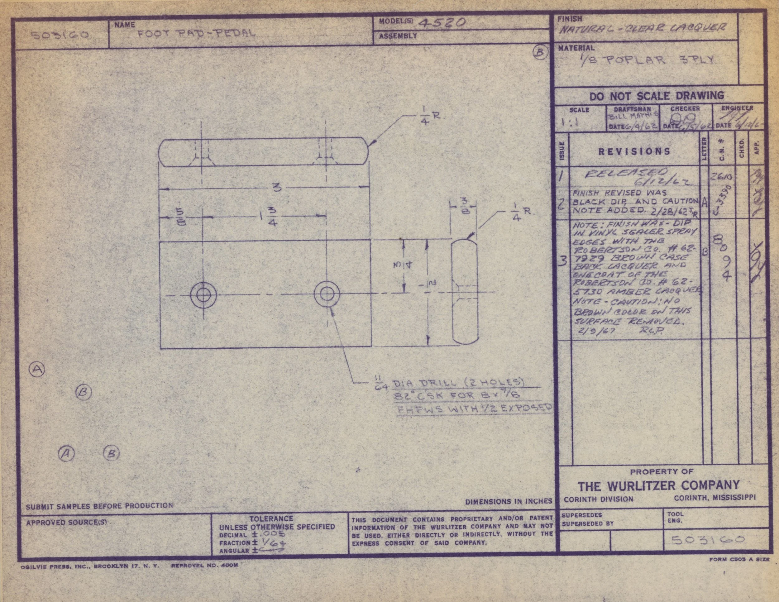 Technical drawing of a foot pad pedal with dimensions, notes, and specifications printed on blueprint paper.