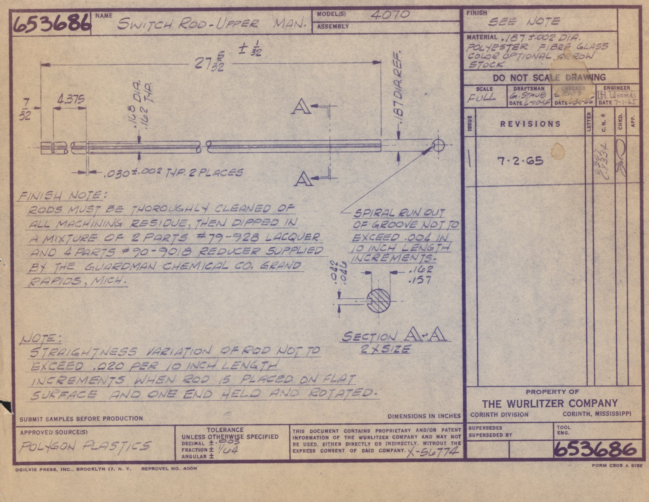 Technical blueprint drawing of a switch rod upper part, showing detailed measurements and specifications, with annotations and notes for manufacturing and assembly.