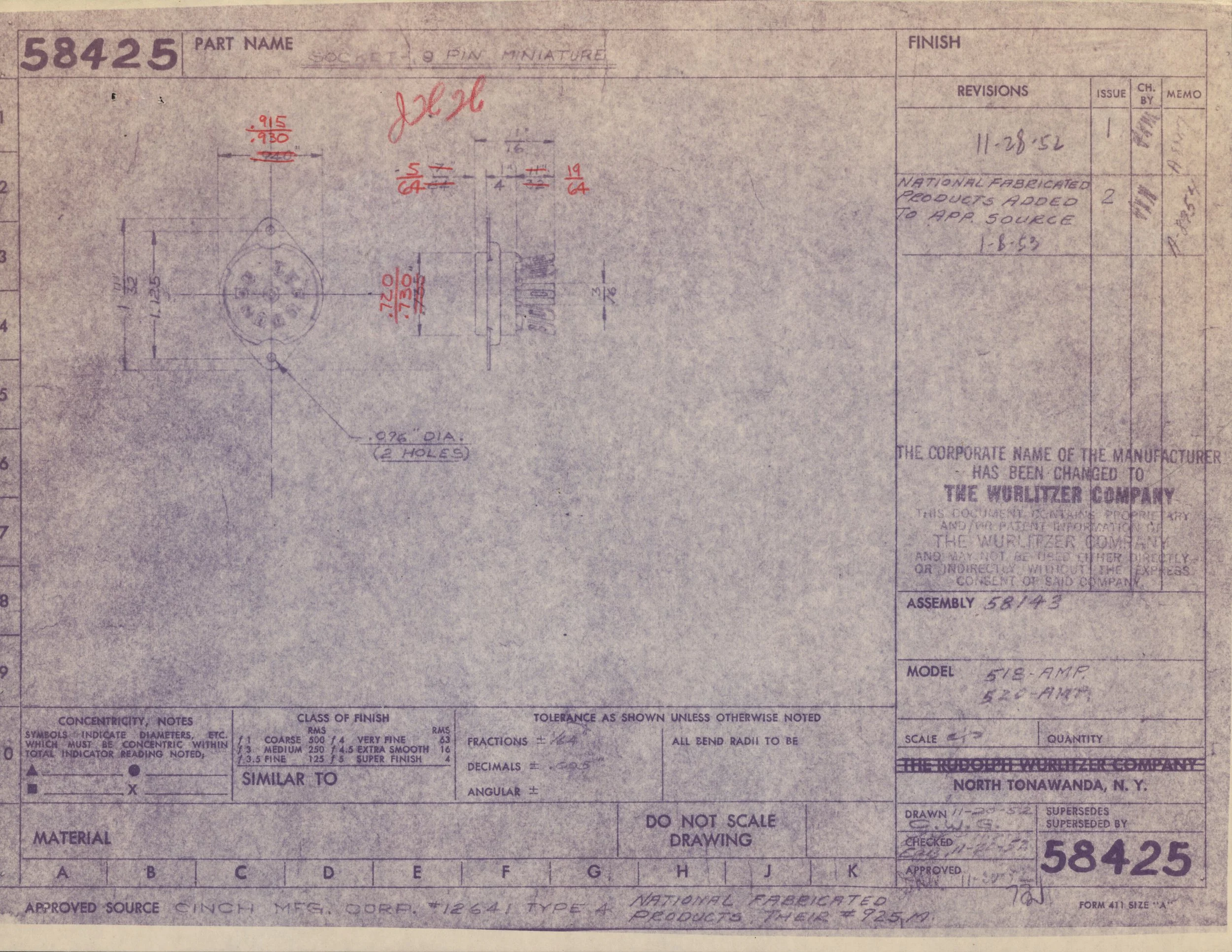 Technical engineering blueprint showing detailed diagrams, measurements, and notes for a mechanical part or assembly, labeled "58425" and including annotations and technical specifications.