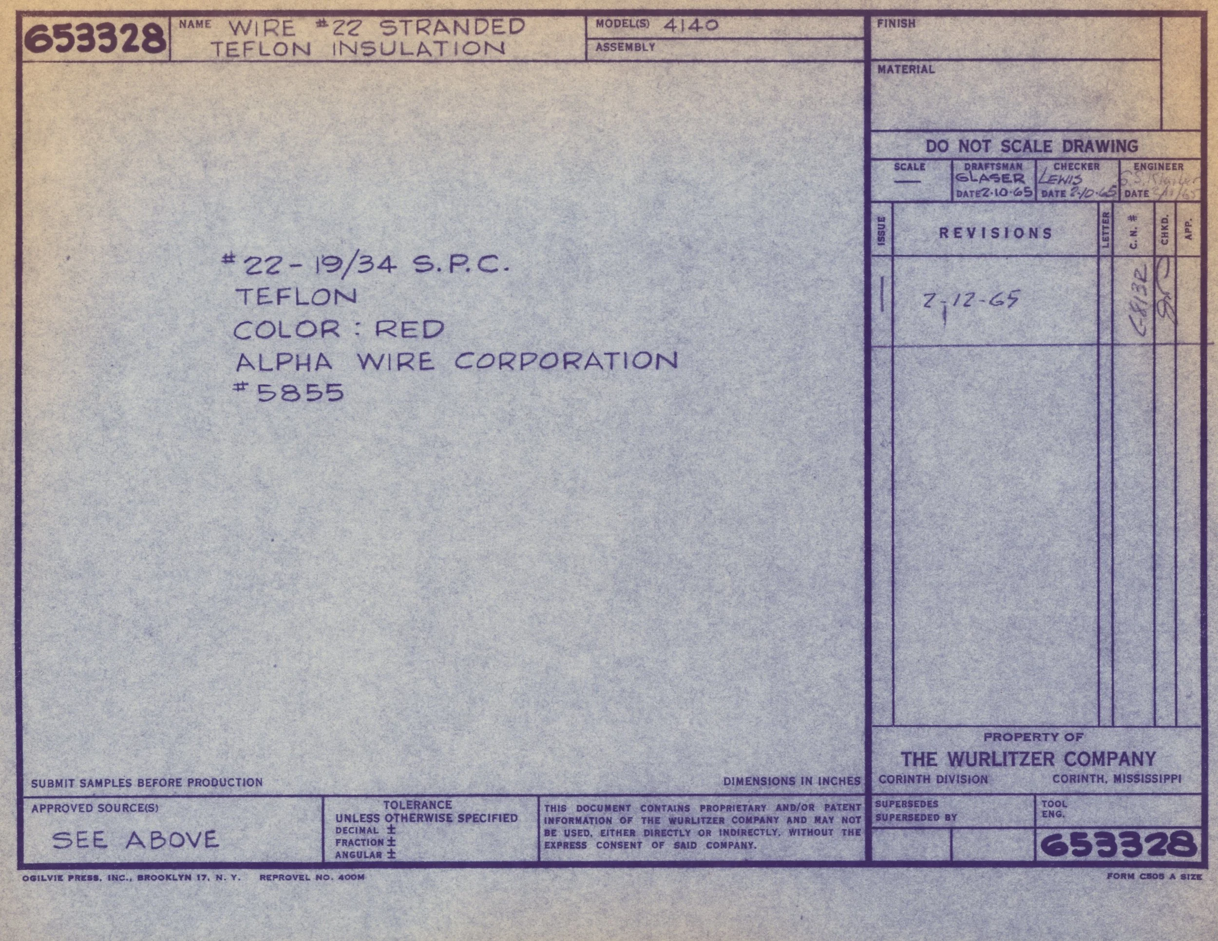 Blueprint drawing labeled with wire specifications, insulation details, and company information.