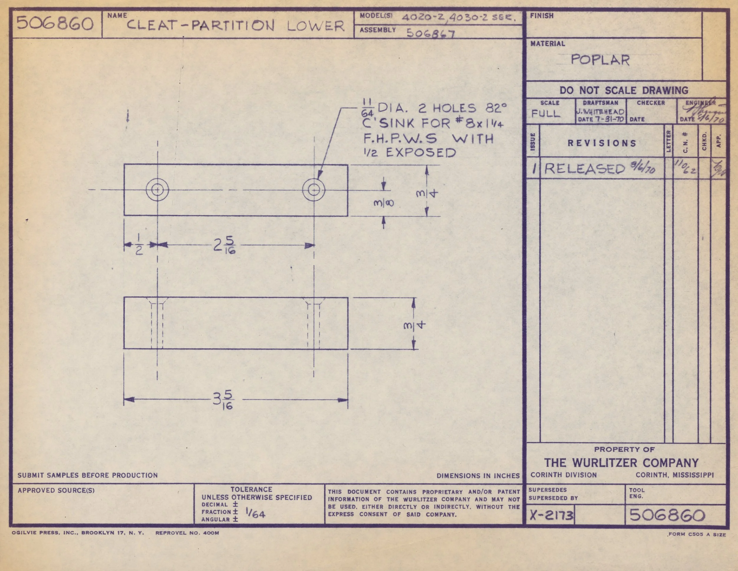 Blueprint drawing of a cleat partition lower with dimensions, specifications, and material details. Includes notes on hole diameter, sink type, and manufacturing approval.
