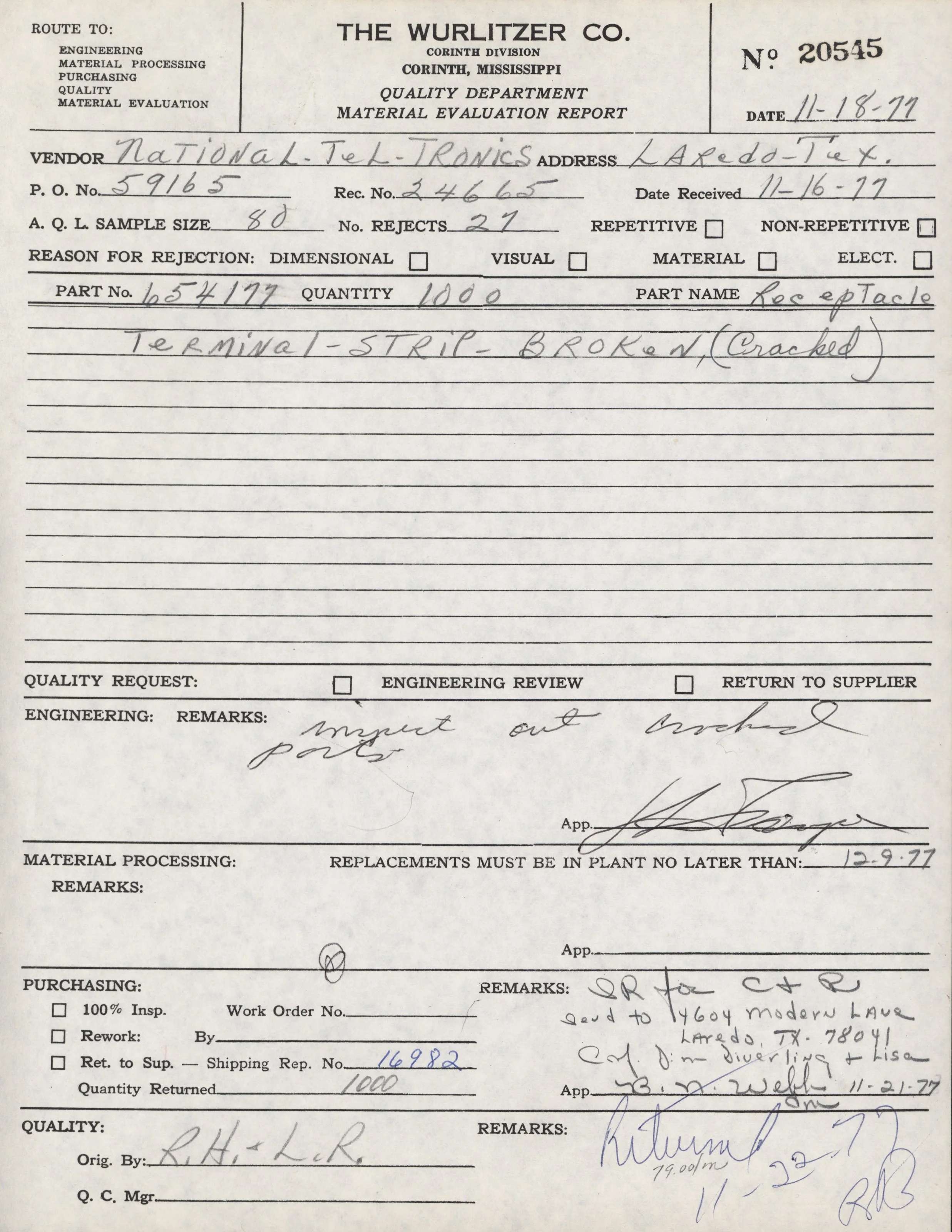 A vintage document titled 'Material Evaluation Report' from The Wurlitzer Company, dated November 18, 1971, with handwritten notes, signatures, and details about a part called 'Septic Tap Terminal' and its condition and shipment.