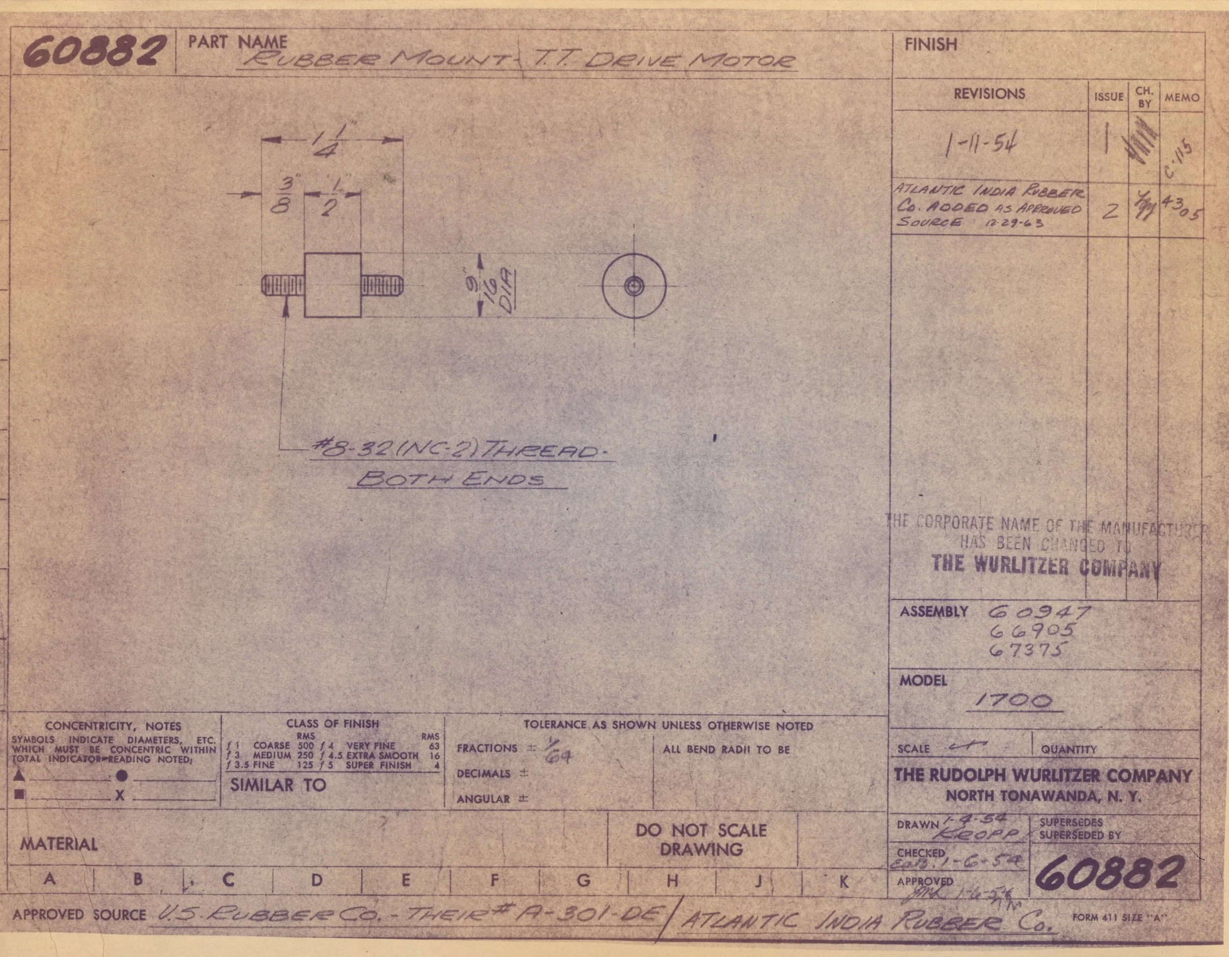 Technical blueprint of a rubber mount, showing front and side views, with detailed dimensions and annotations.