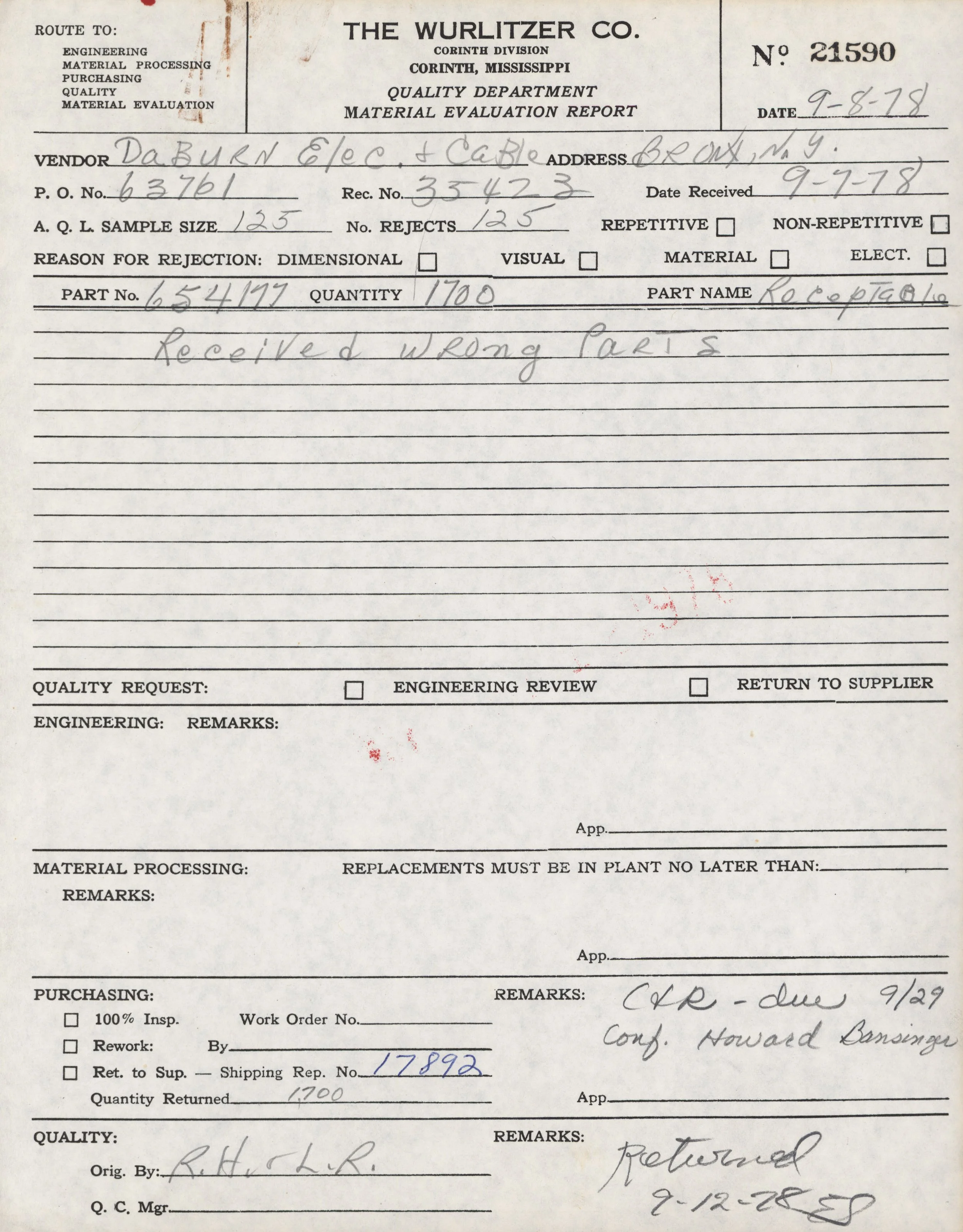 Historical document titled 'Material Evaluation Report' from The Wurlitzer Company, dated 9-8-78, with vendor information 'DaBURN Elec. & Cable,' and handwritten notes about received wrong parts, shipping, and quality remarks.