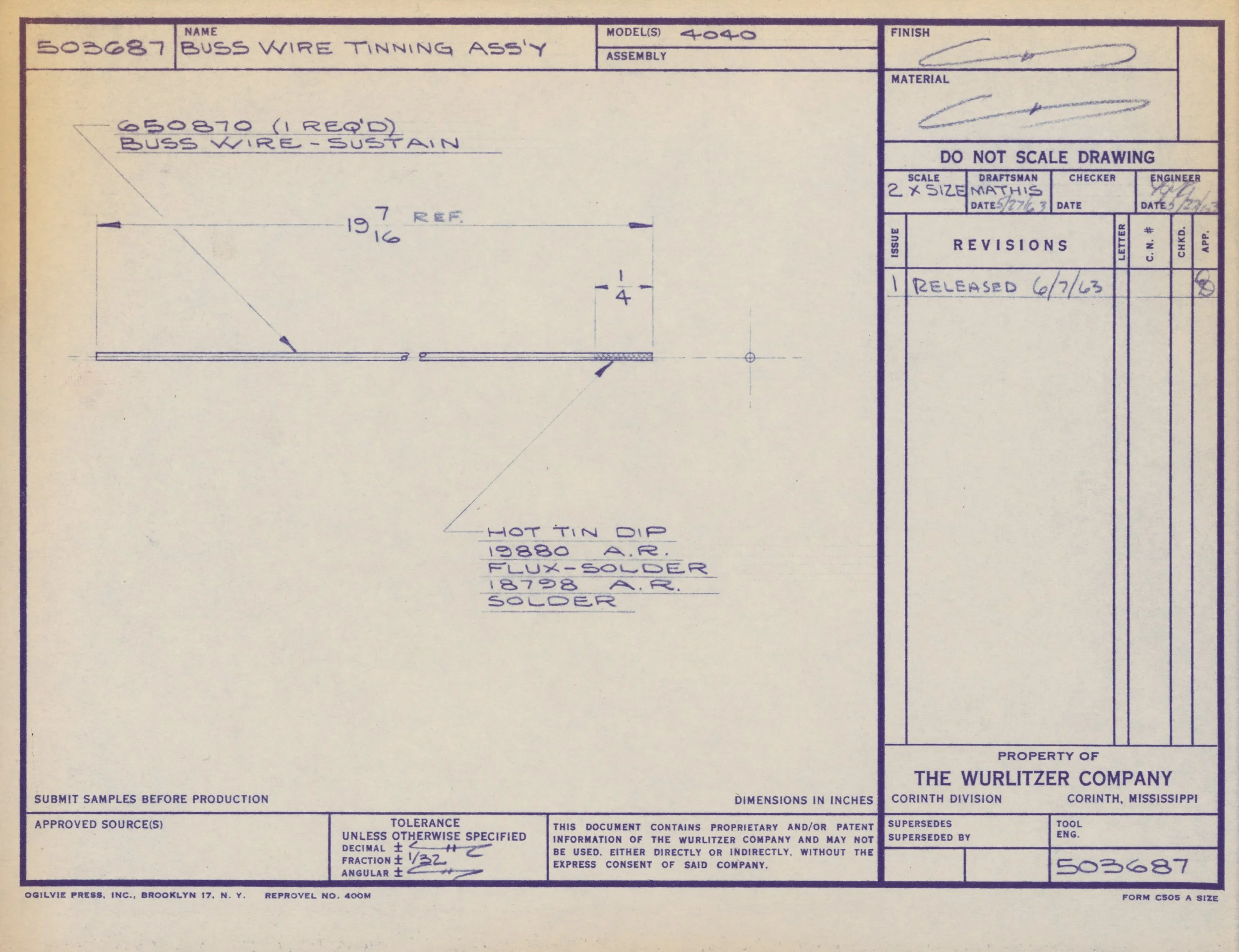 Blueprint drawing for a buss wire tinting assembly, with measurements and technical details, labeled as property of The Wurlitzer Company.