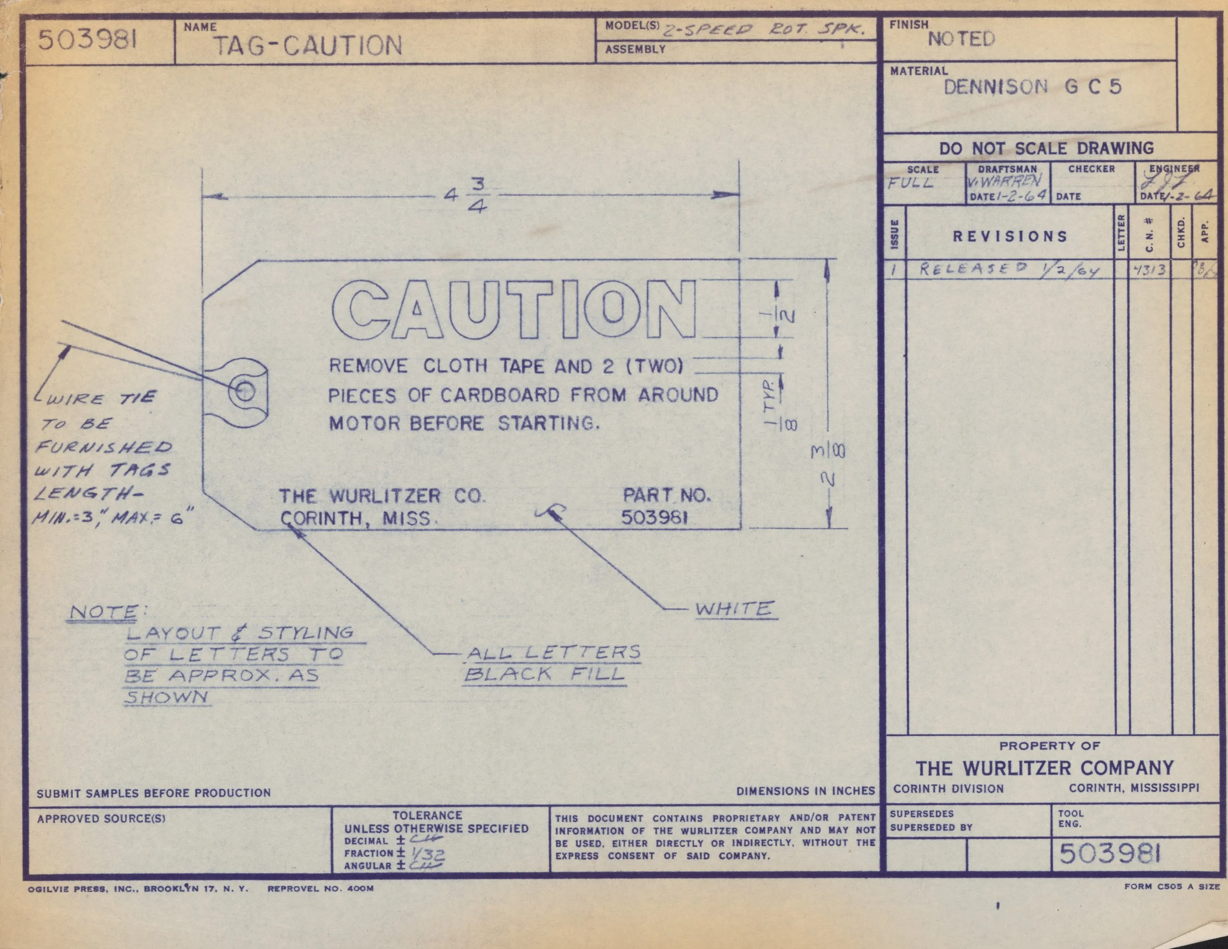 Technical drawing of a caution tag with the word 'CAUTION' in large letters, and detailed instructions for removing cloth tape and cardboard pieces from around a motor before starting. The drawing includes measurements and notes on materials and asse