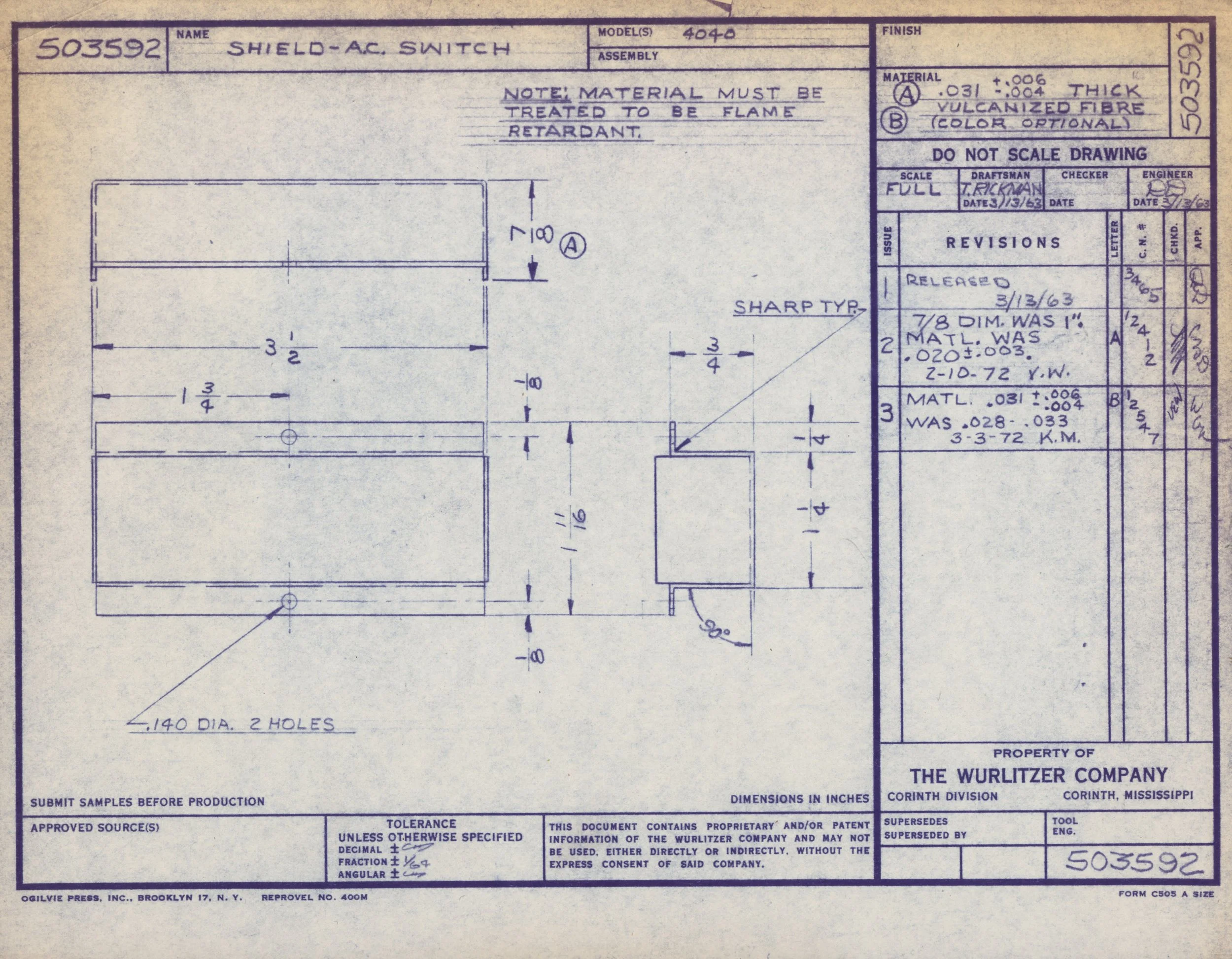 Technical blueprint or engineering drawing for an electrical switch labeled "Shield-AC. Switch," showing detailed measurements, notes, and specifications by The Wurlitzer Company, Corinth, Mississippi.