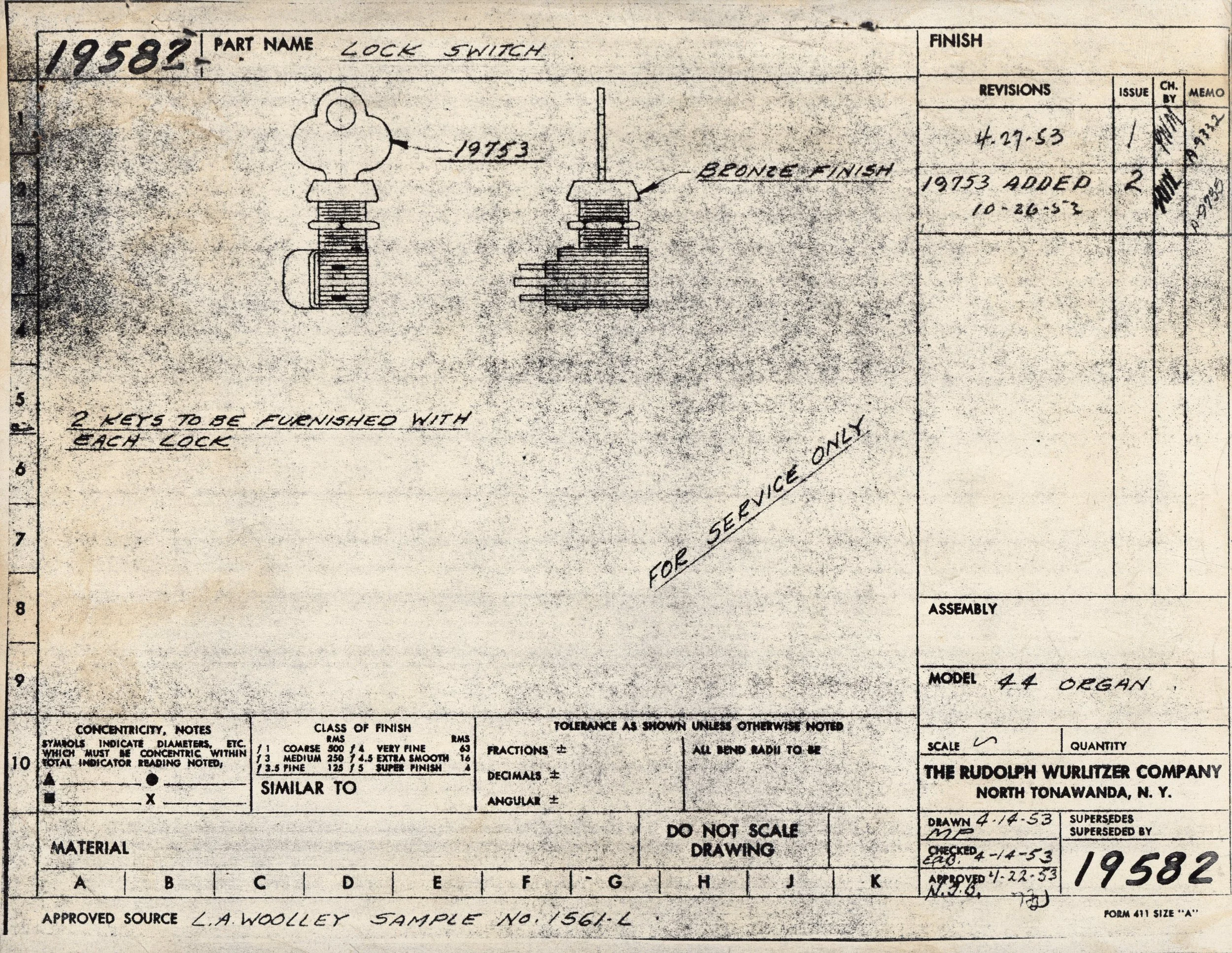 Technical blueprint or engineering drawing of a lock switch, showing front and side views, with handwritten notes including the part name, date, material, and revisions.