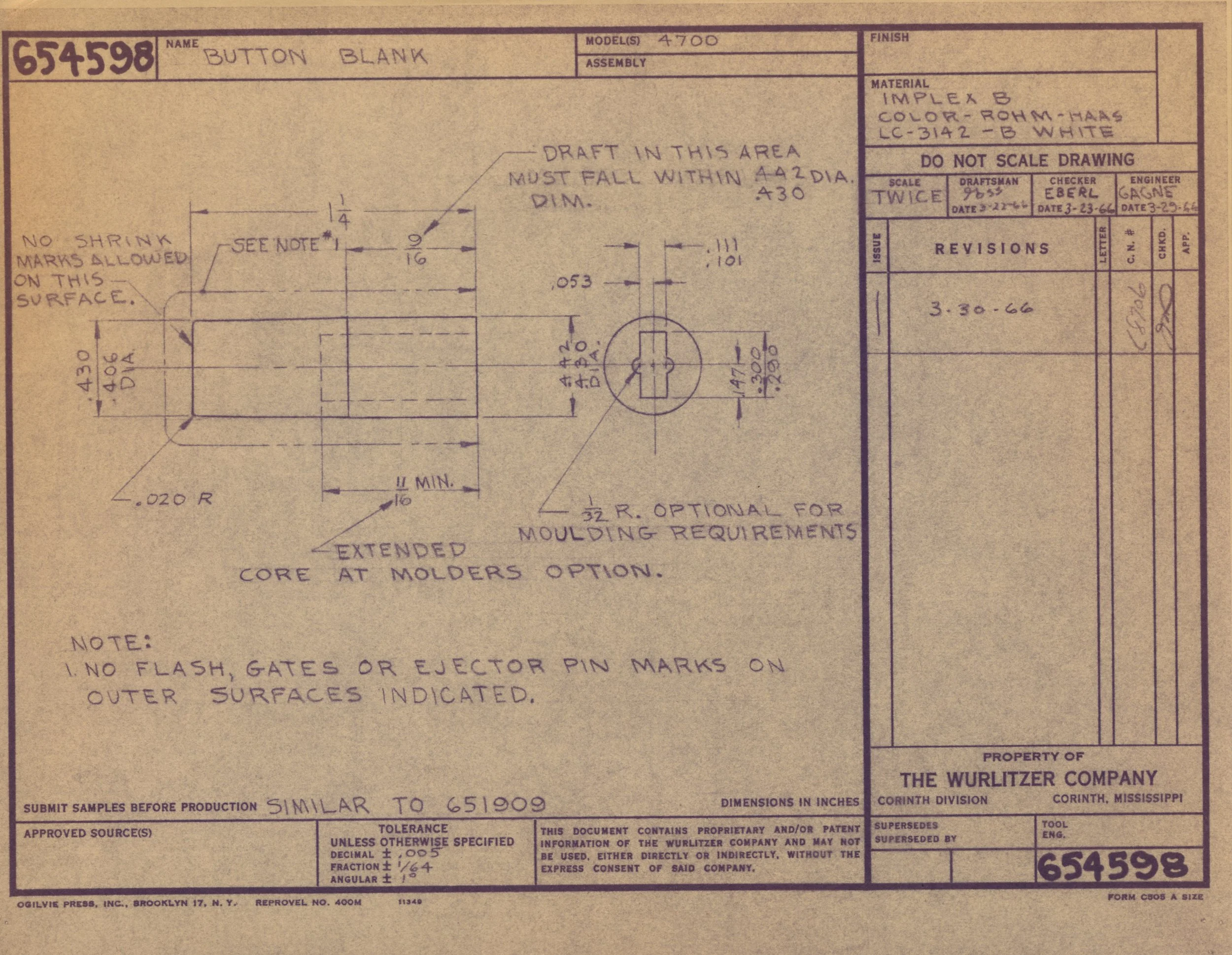 Technical engineering drawing of a button component labeled as 'Button Blank' with detailed measurements, specifications, and notes on material, assembly, and manufacturing requirements.