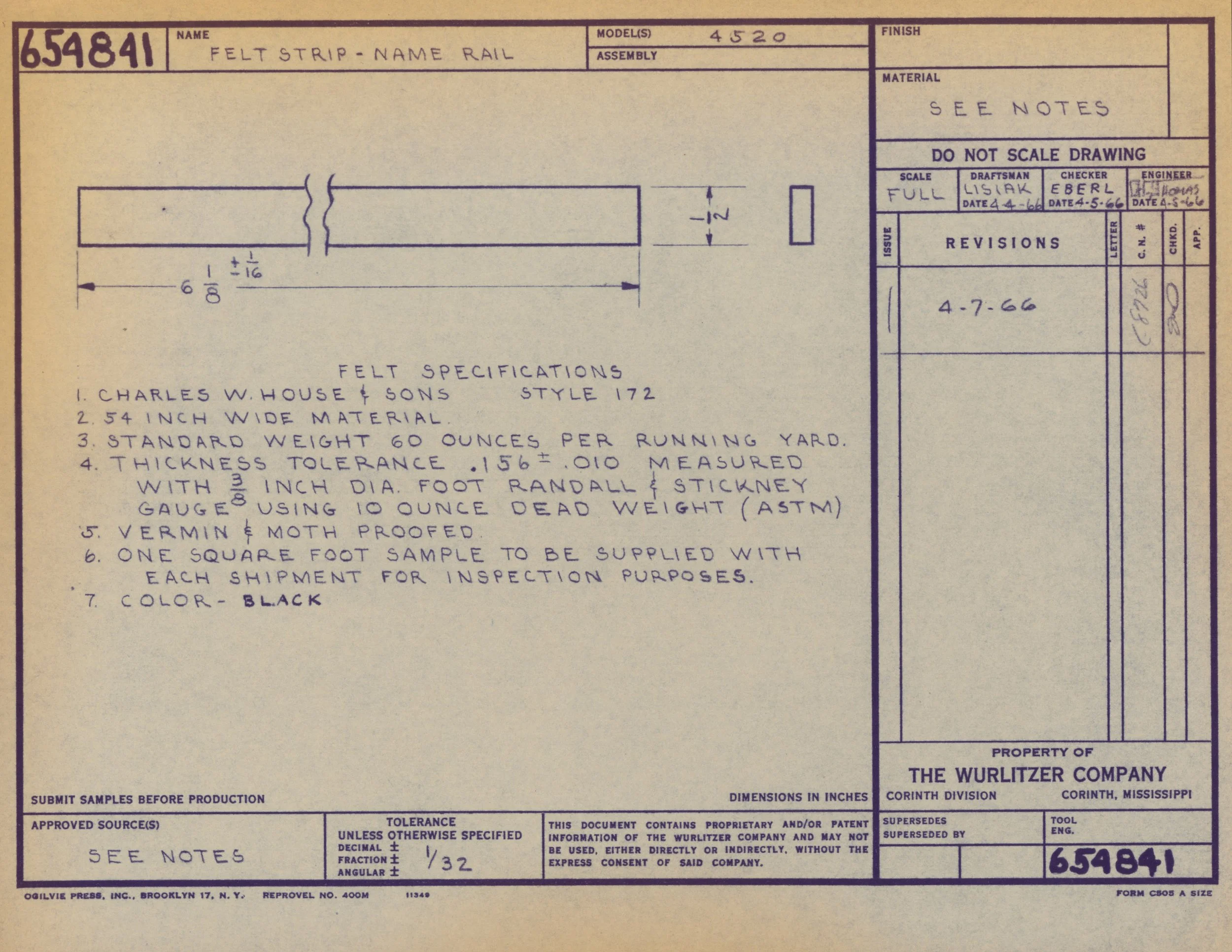 Technical engineering drawing of a felt strip rail, including measurements, specifications, and notes from the Wurlitzer Company in Mississippi.