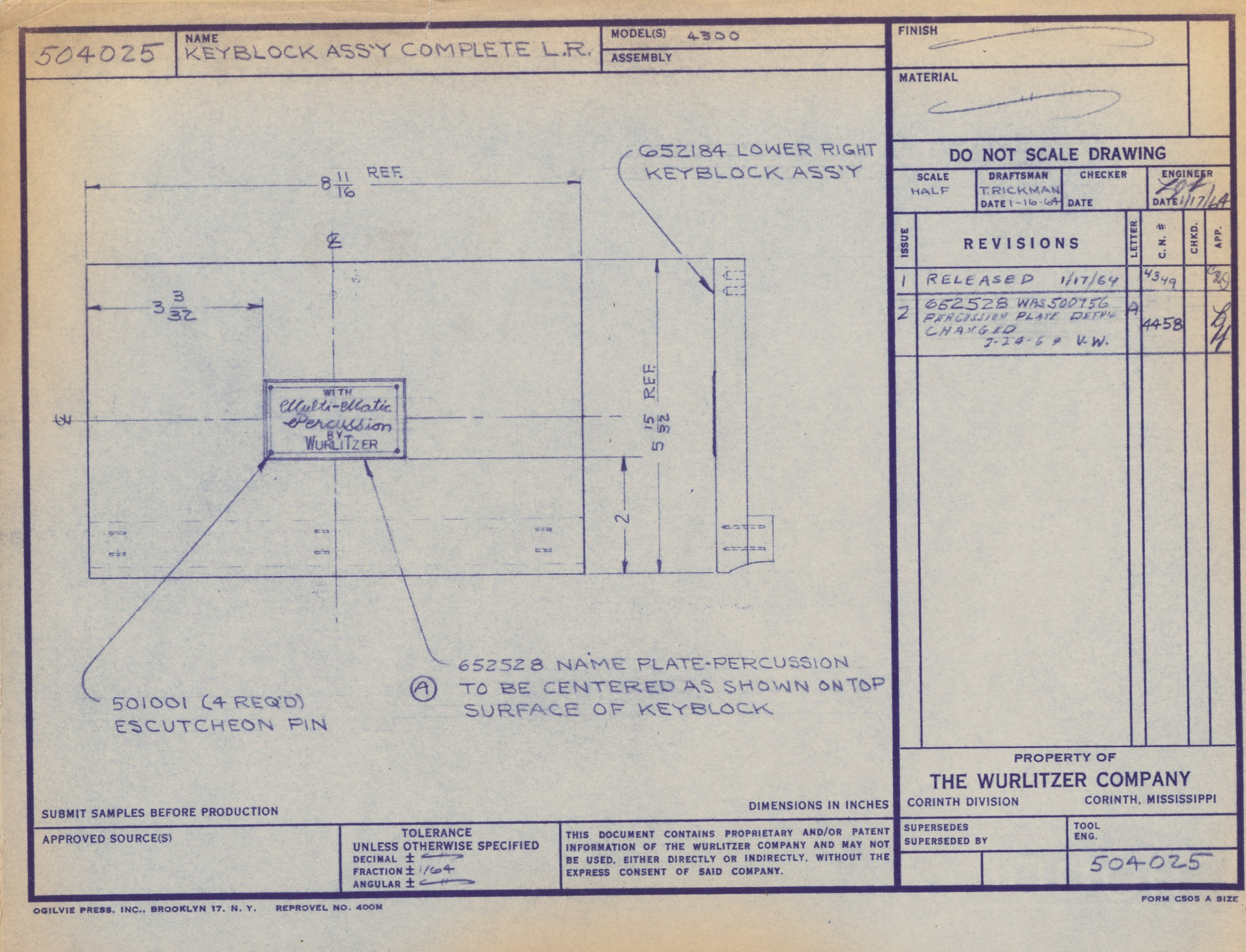 Blueprint or technical design drawing titled 'KEYBLOCK ASSY COMPLETE L.R.' showing details for a keyblock assembly. Contains measurements, annotations, revision history, and manufacturer information.