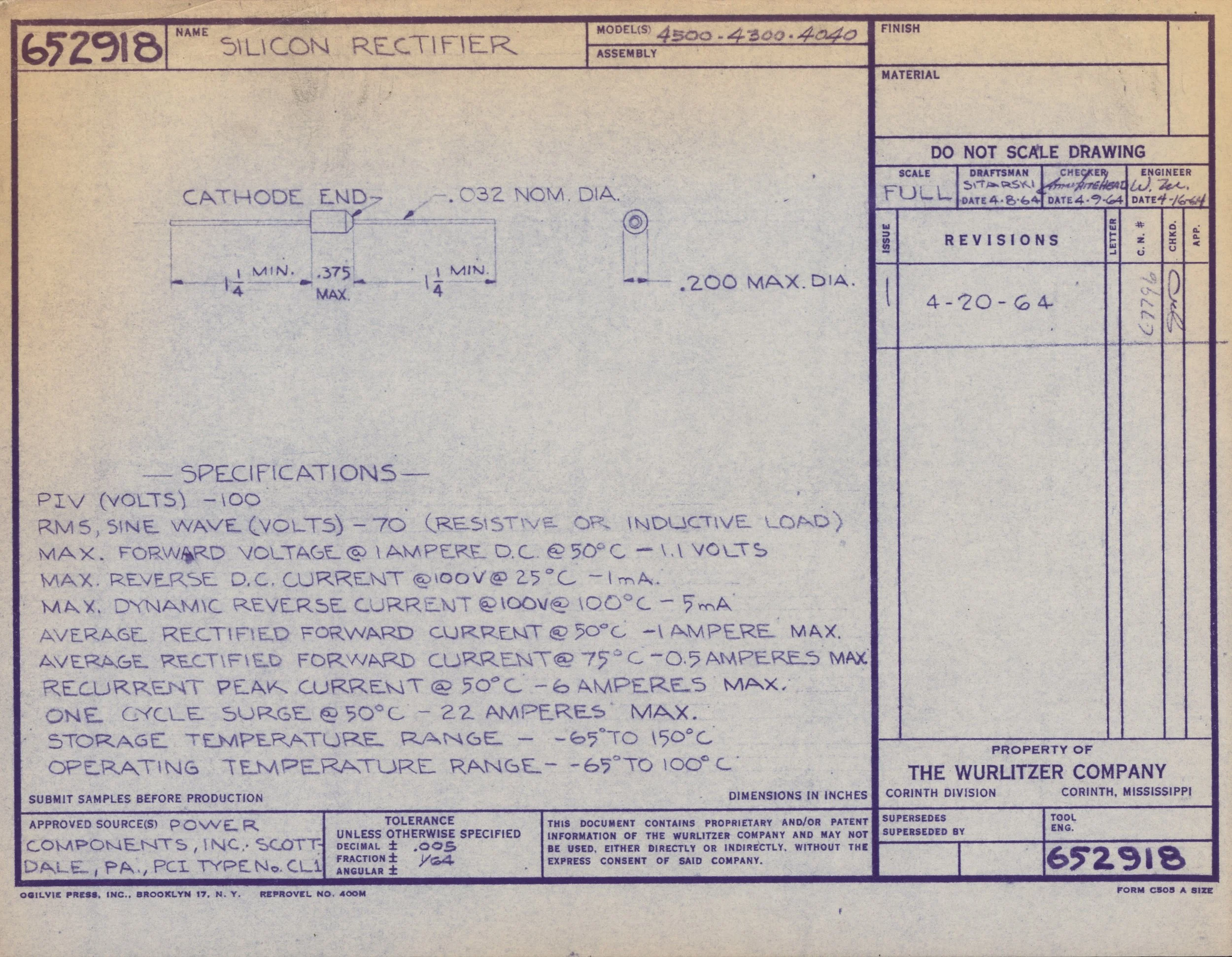 Technical engineering drawing of a silicon rectifier with detailed specifications, measurements, revision dates, and approval signatures, created by The Wurlitzer Company in Corinth, Mississippi.