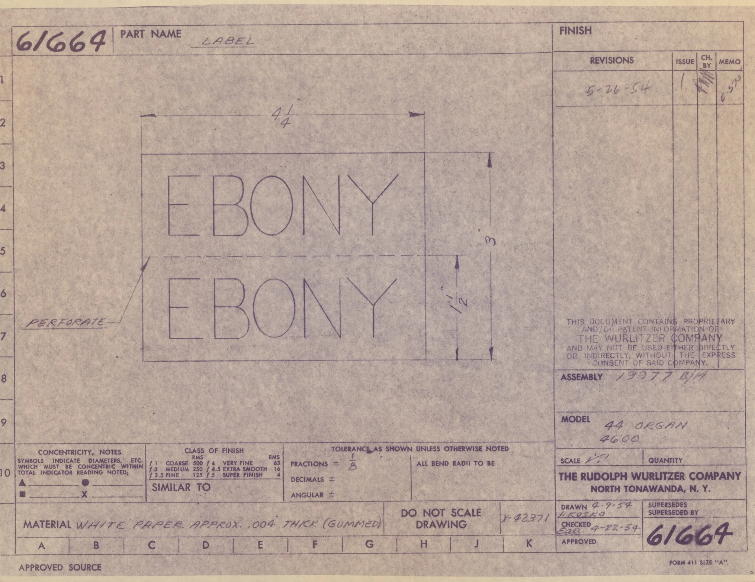 Technical drawing of a labeled design with text 'EBONY' and dimensions, created by the Rudolph Wurlitzer Company, North Tonawanda, N.Y., dated 4-9-54.