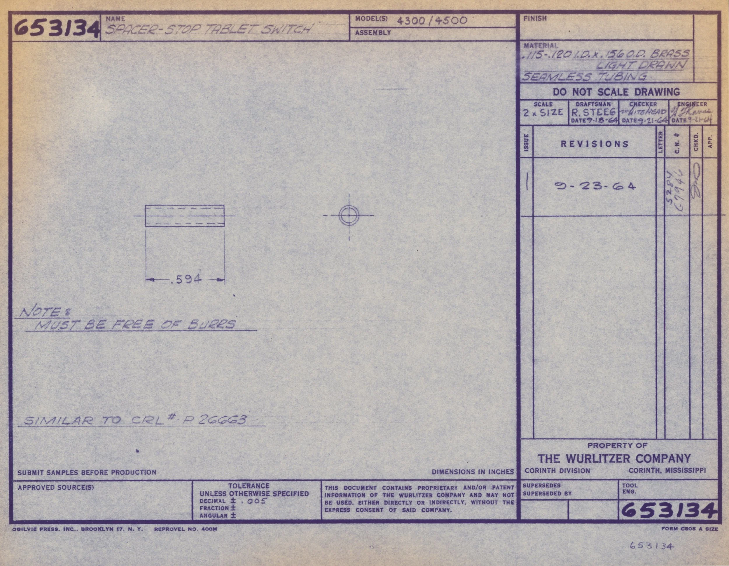 Technical blueprint or engineering drawing titled "Spacer-Stop Tablet Switch" with specific measurements, material specifications, and revision notes. Contains handwritten notes, dimensions, and company information.