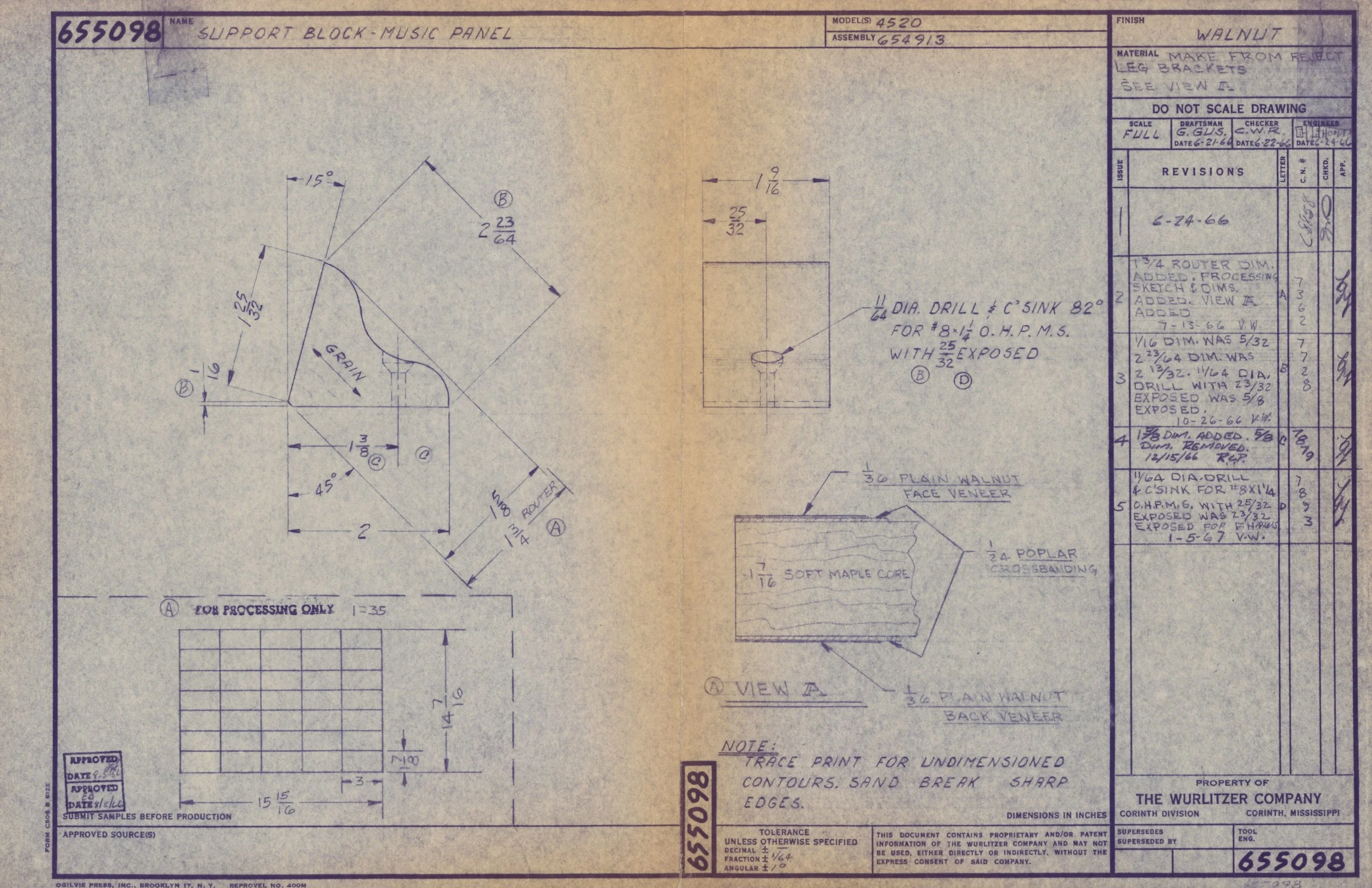 Blueprint drawing of a support block-music panel with detailed measurements and notes.