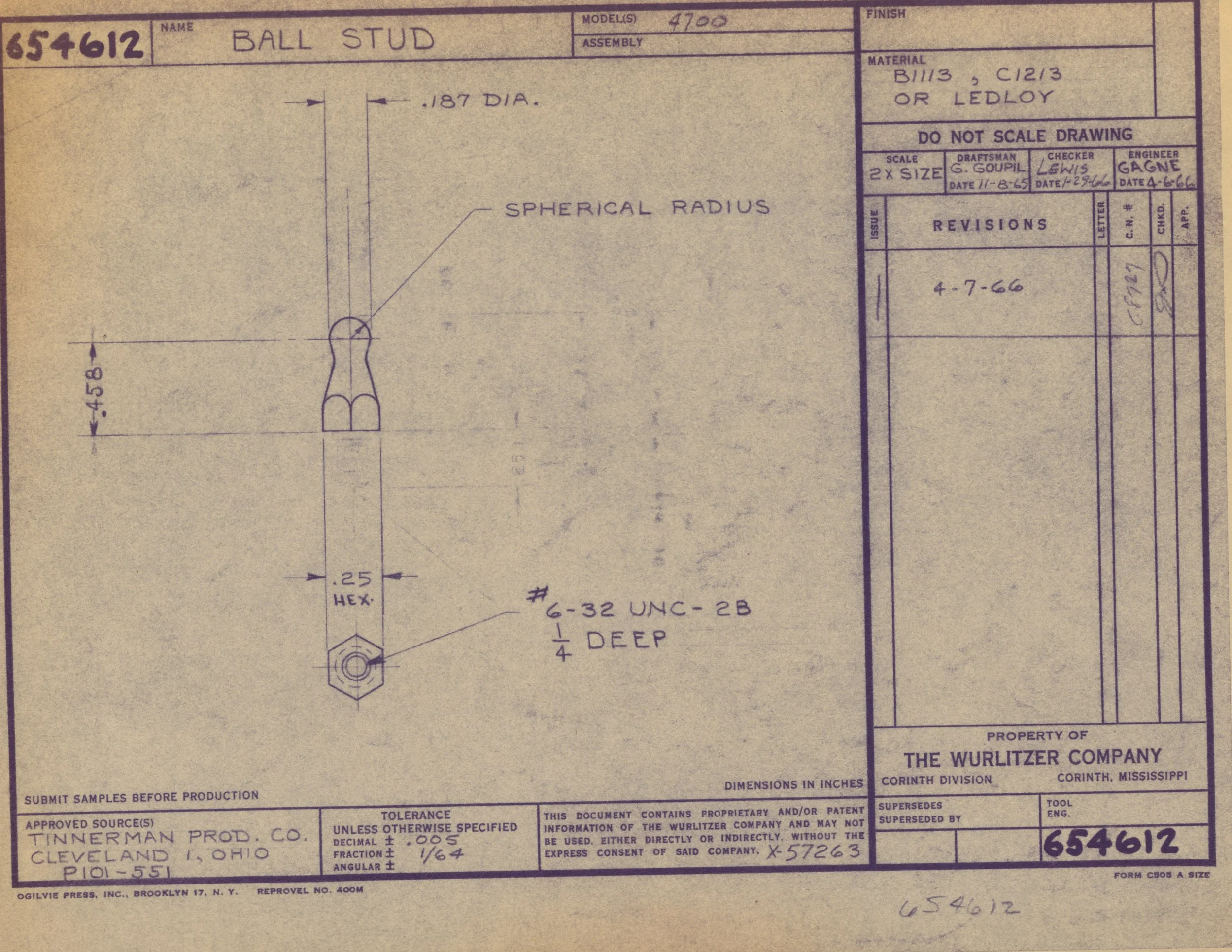 Technical drawing of a ball stud manufactured by The Wurlitzer Company, with detailed measurements, materials, and revision information.
