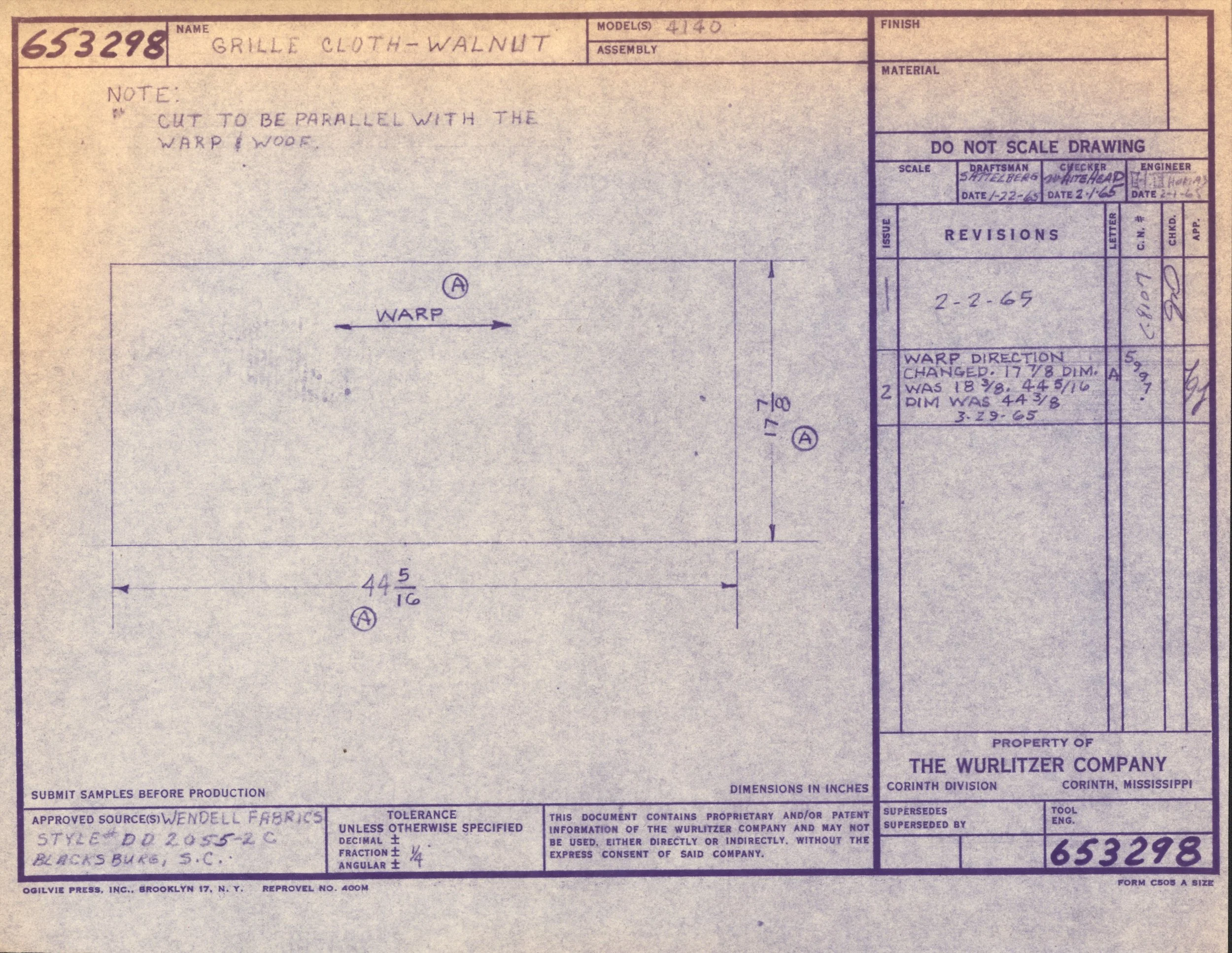 Blueprint for a walnut wood grill cloth from The Wurlitzer Company, including measurements, revision notes, and production information.