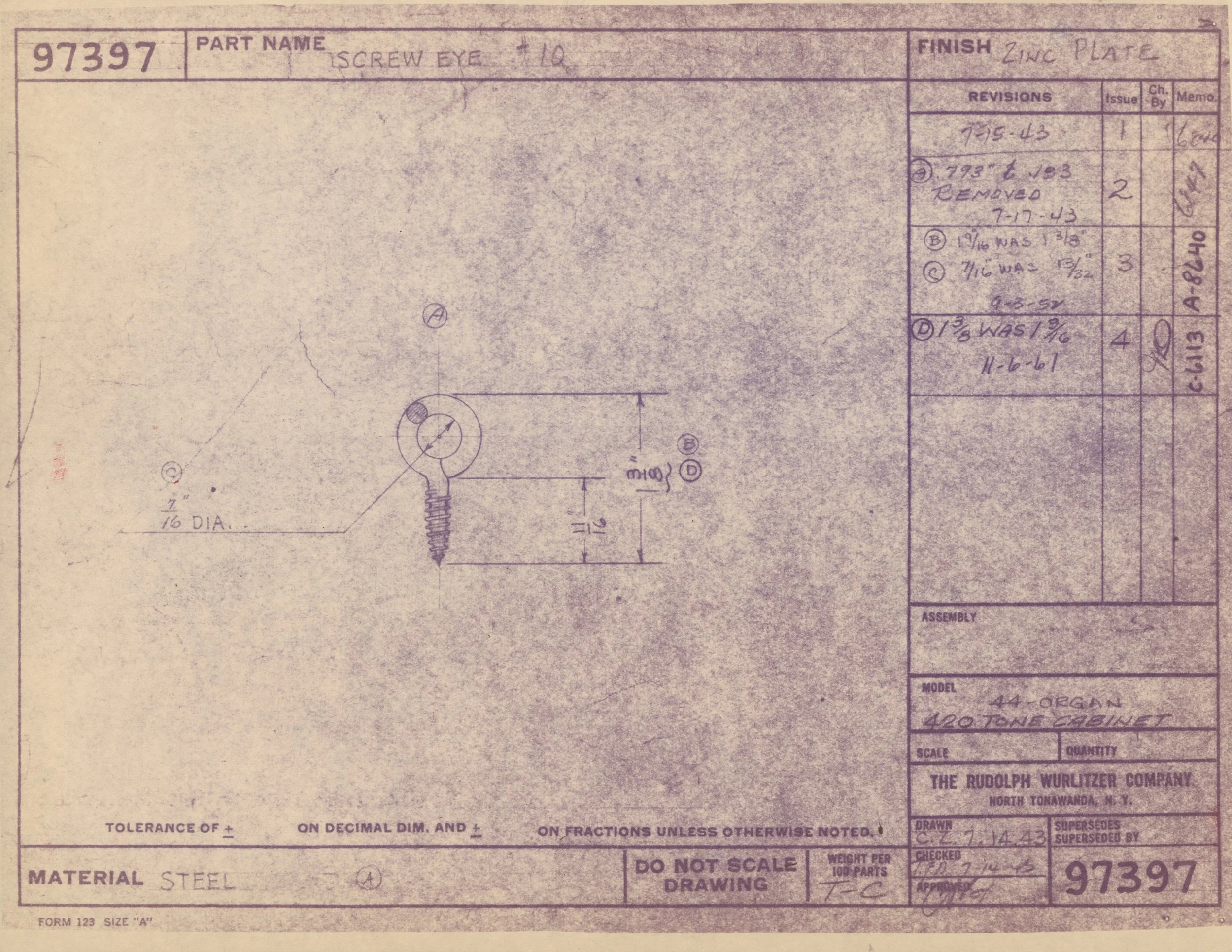 An engineering blueprint showing a part labeled 'Screw Eye #10' with detailed measurements, material information, and manufacturer details.