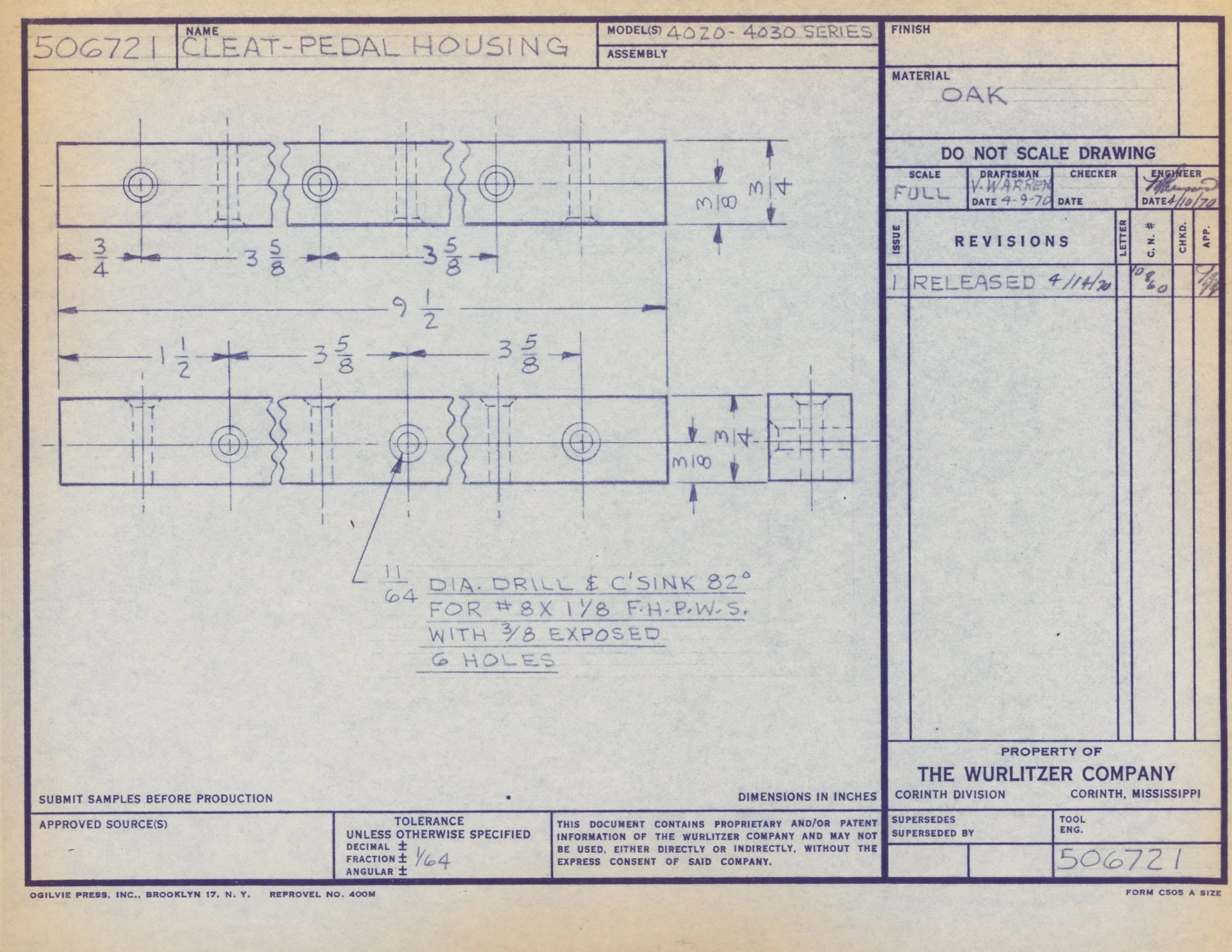 Blueprint drawing for a cleat pedal housing made of oak wood, showing the design, measurements, and technical specifications, with handwritten notes, approval stamps, and signatures.