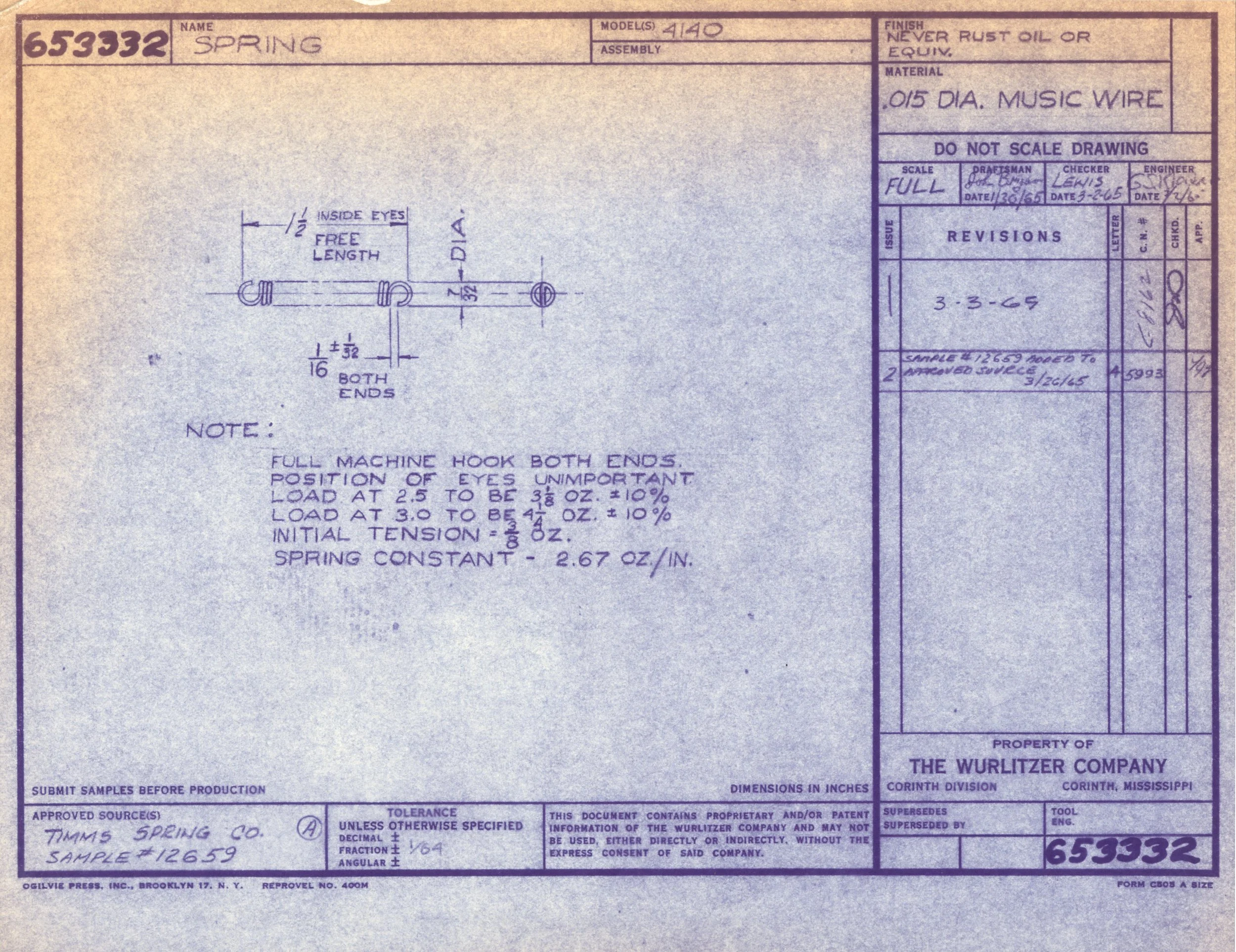Technical drawing of a spring with detailed specifications, including dimensions, materials, and assembly instructions.