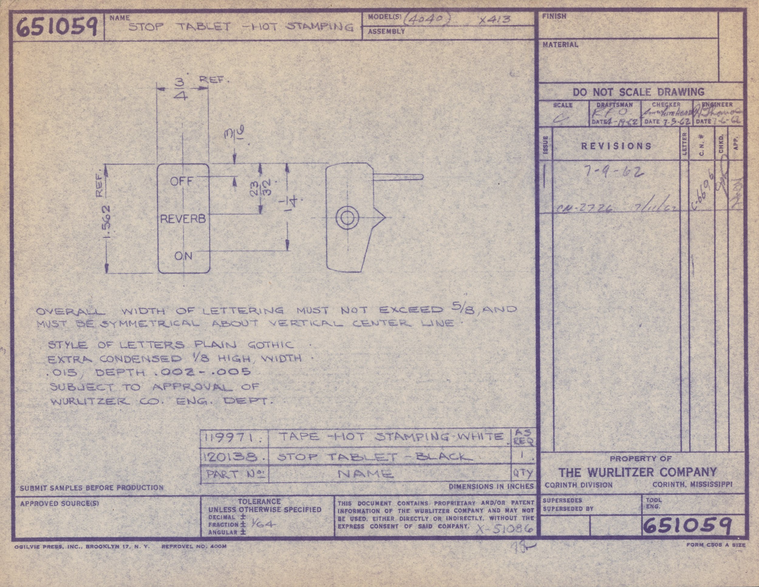 A technical drawing and specifications for a hot stamping stop tablet from The Wurlitzer Company, showing part details, measurements, and manufacturing notes.