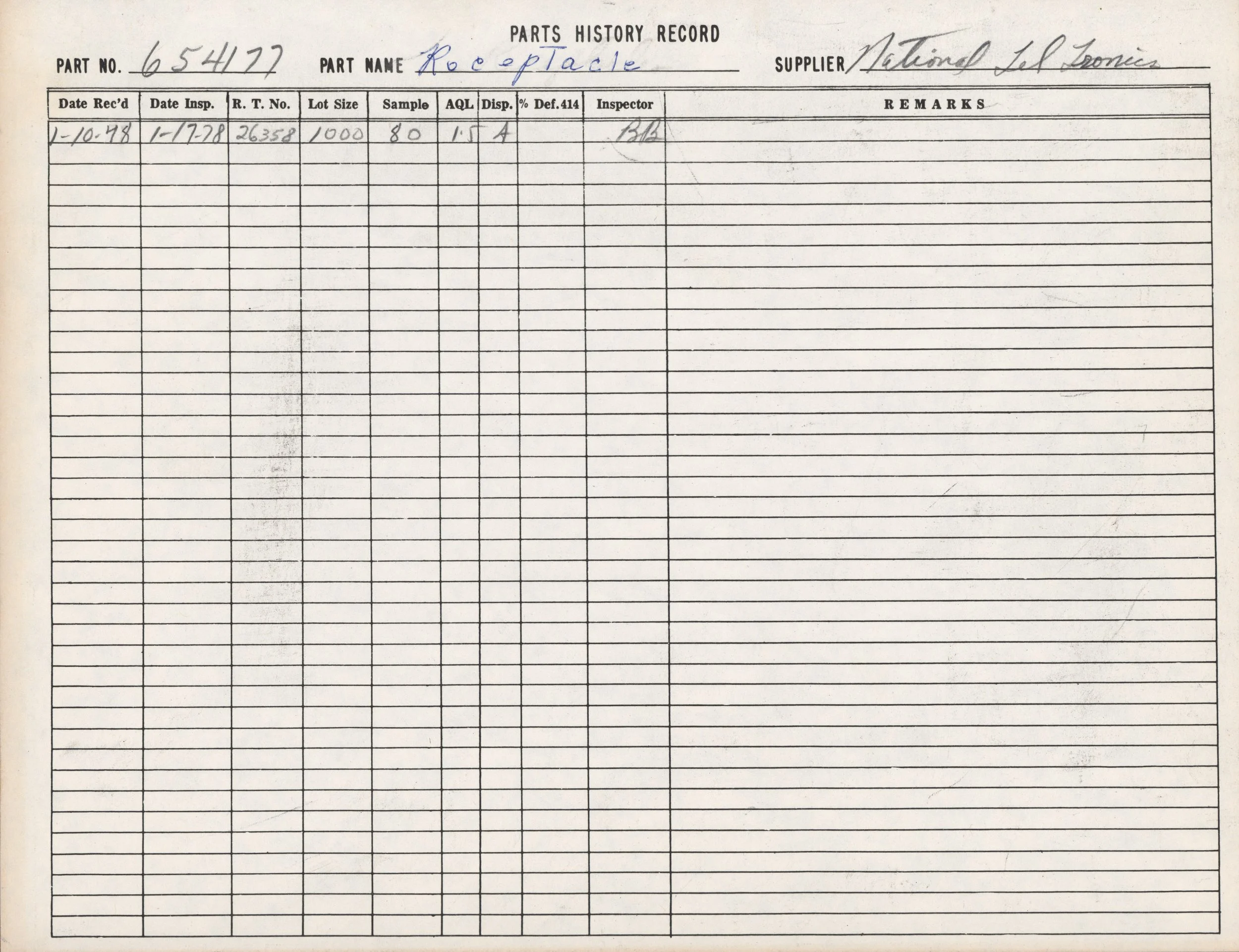A vintage parts history record sheet with handwritten entries, showing part number 654177, part name "Reeplace," provided by National Tel Sonic.