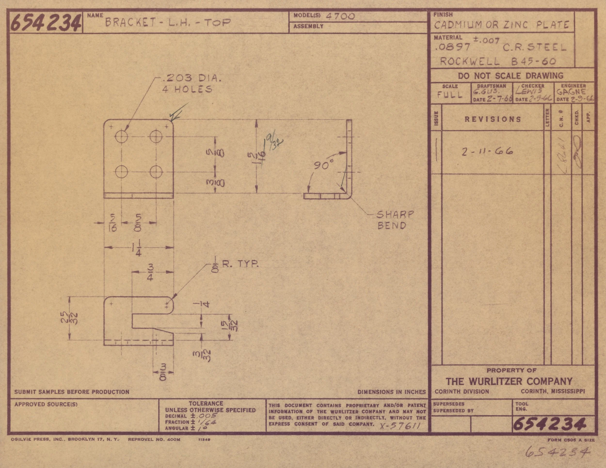 Technical engineering drawing of a bracket, showing measurements, part details, and notes for manufacturing.