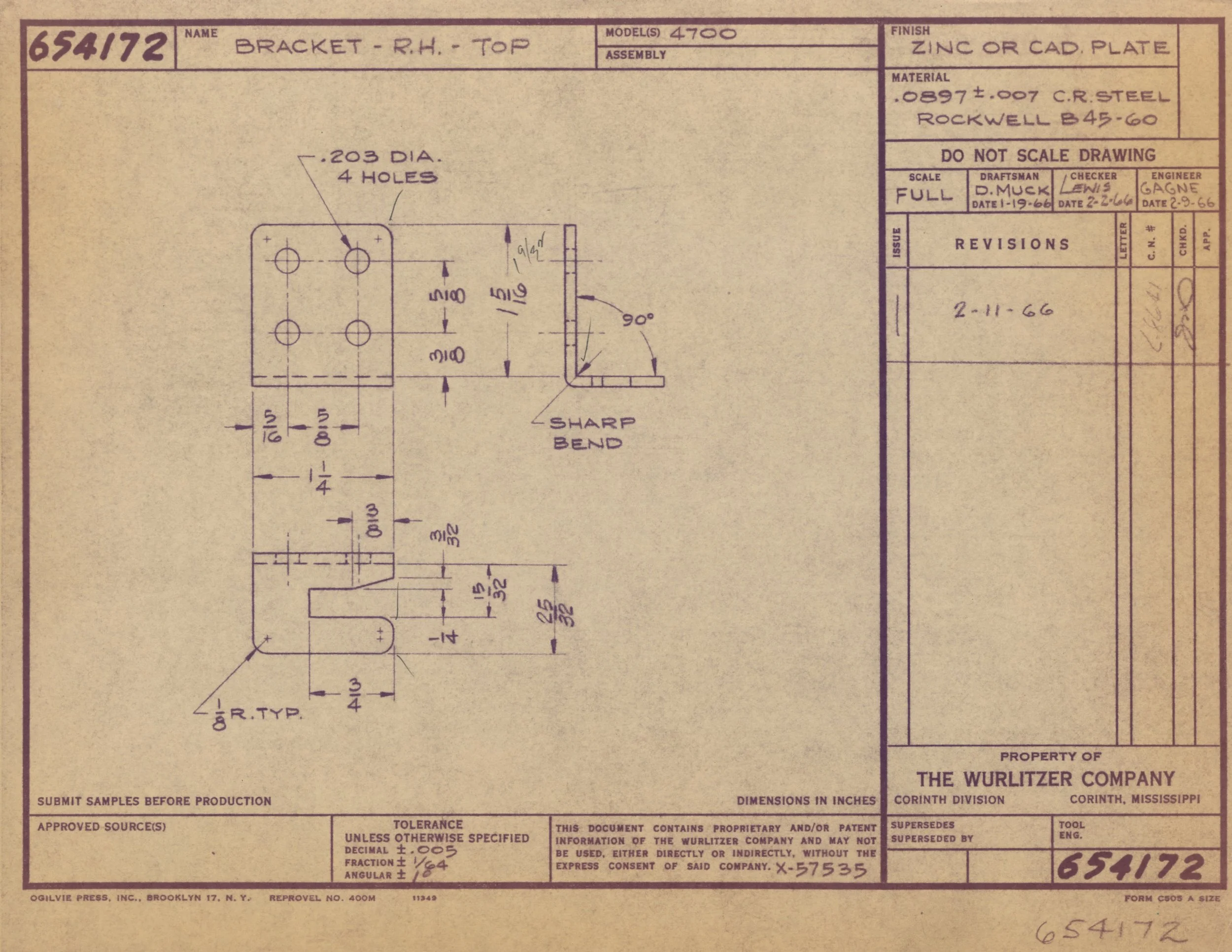 Technical engineering drawing of a metal bracket, including detailed measurements and annotations, created by The Wurlitzer Company in Corinth, Mississippi.