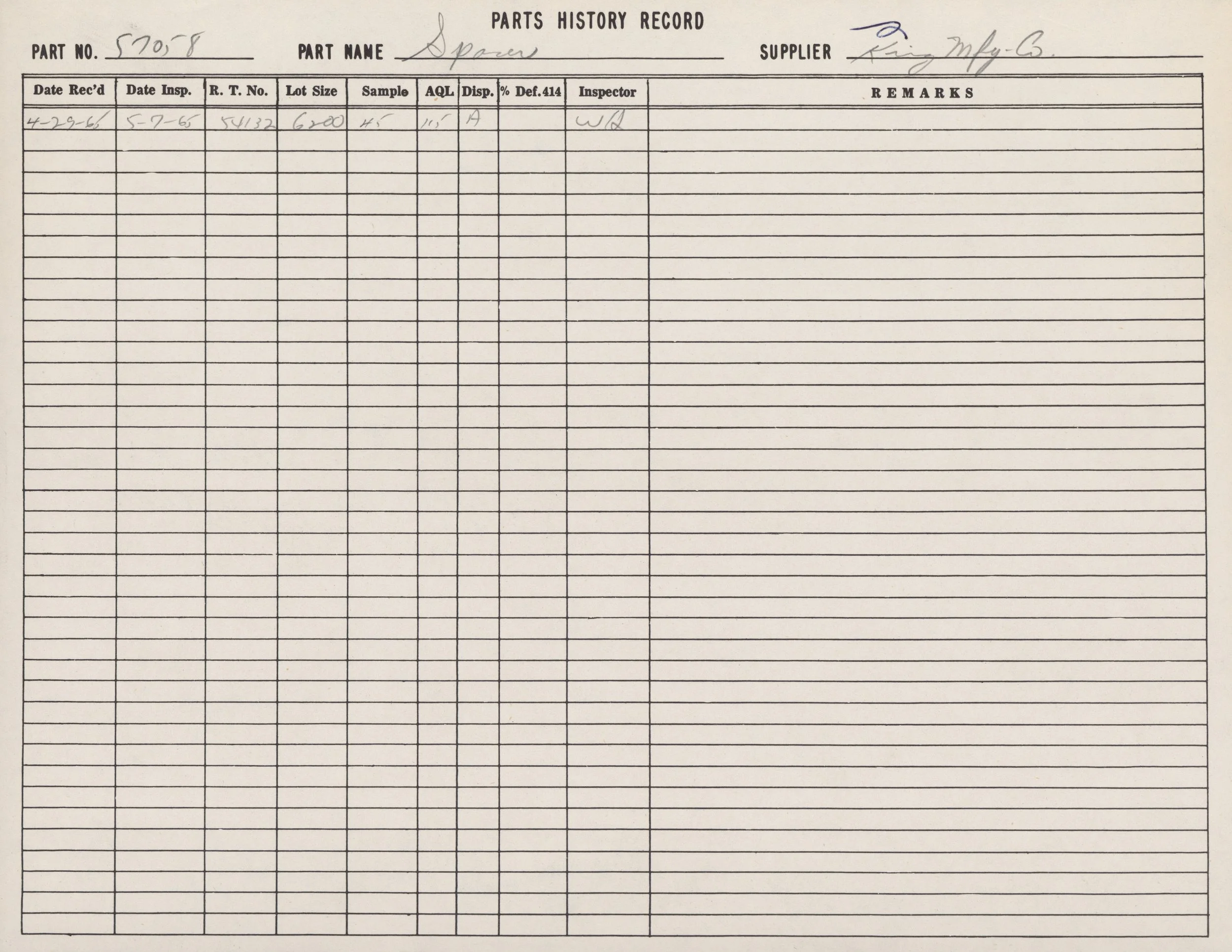 A photograph of a handwritten parts history record sheet for part number 570-8, with details of inspection dates, lot size, samples, and remarks, including a supplier named King Mfg. G.