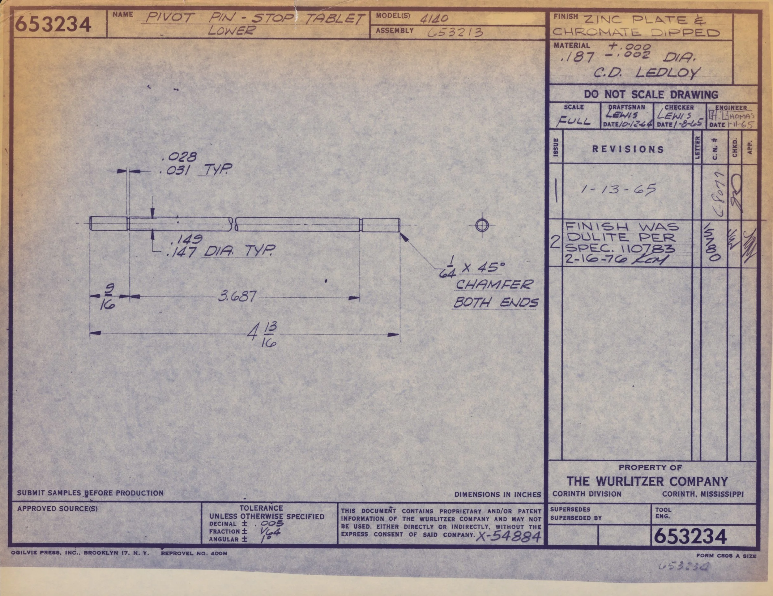 Technical blueprint or engineering drawing of a pivot pin stop tablet lower, showing detailed measurements and specifications.
