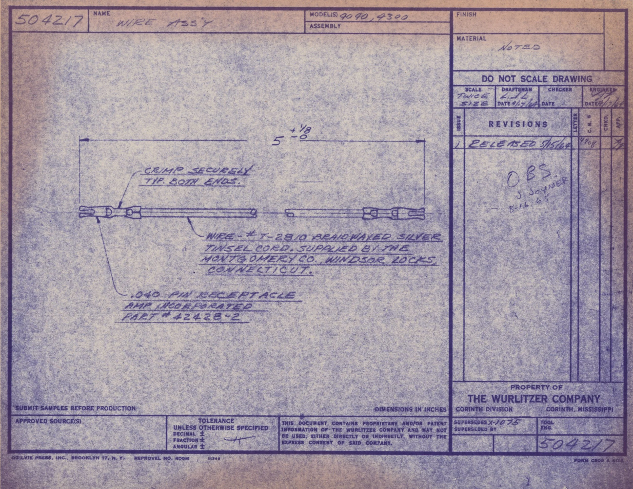 Technical drawing or blueprint of a wire assembly with handwritten notes, labels, and measurements on the paper, including a sketch of the wire and references to materials, parts, and companies involved in its manufacture.