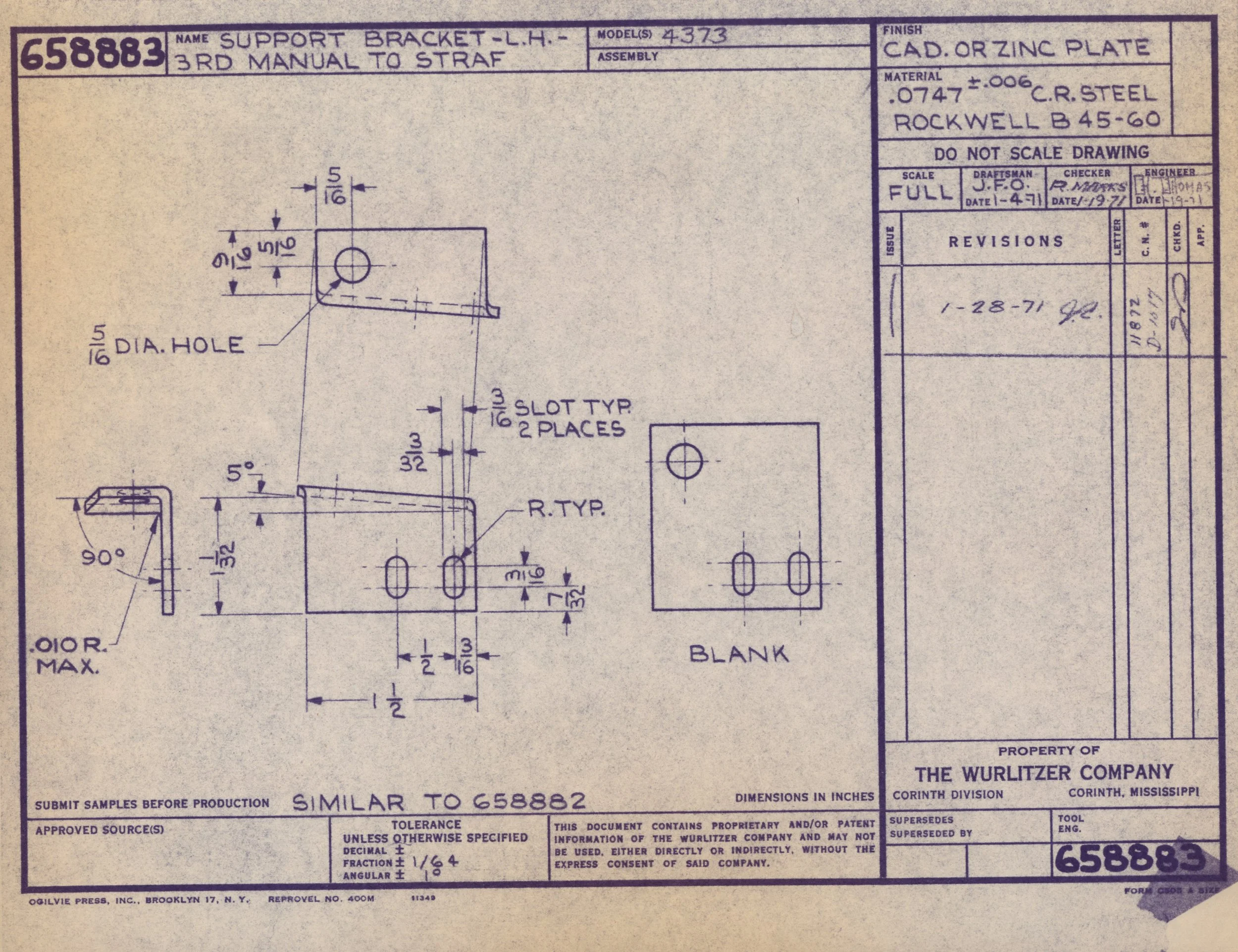 A technical engineering drawing for a support bracket, showing dimensions, hole placements, and material specifications, with labels and revision notes.