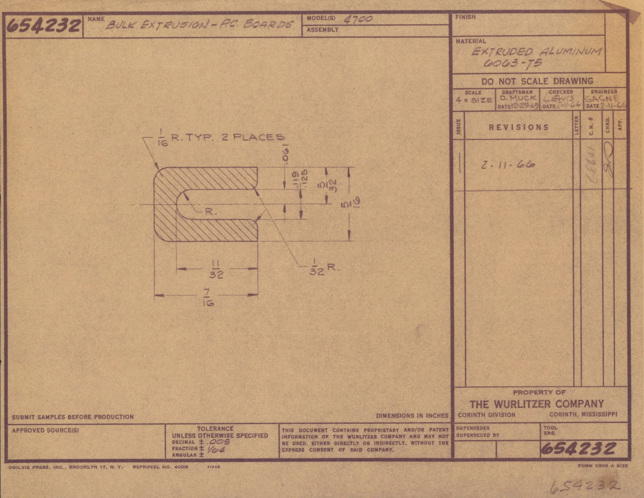 Technical blueprint drawing of a part with detailed measurements and specifications, created by The Wurlitzer Company in Corinth, Mississippi.