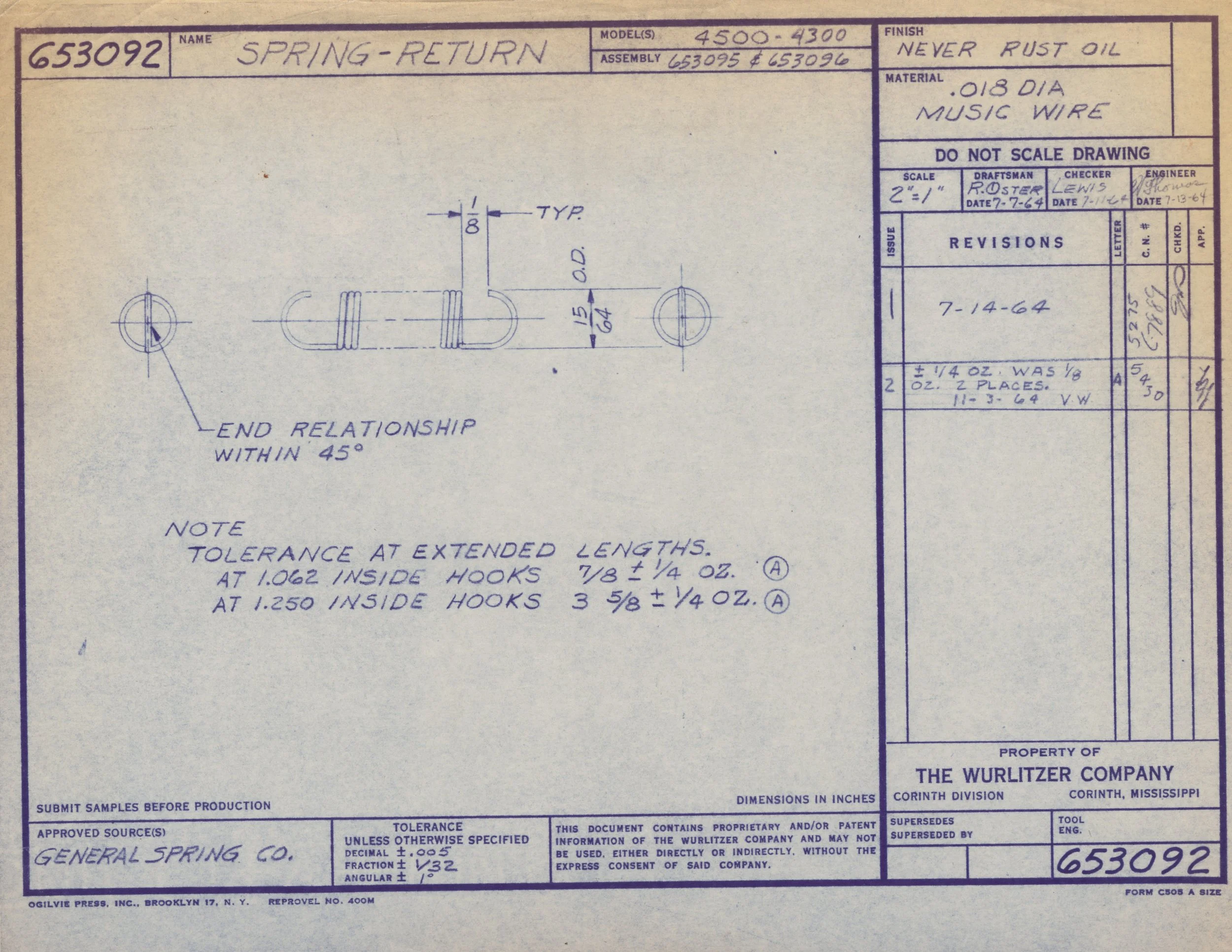 Blueprint drawing of a mechanical part labeled 'Spring - Return', including detailed dimensions and notes about end relationships and tolerances.